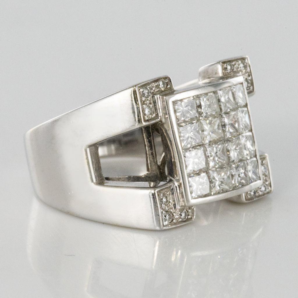 Art Deco Style Princess and Brilliant Cut Diamond 18K White Gold Signet Ring For Sale 4