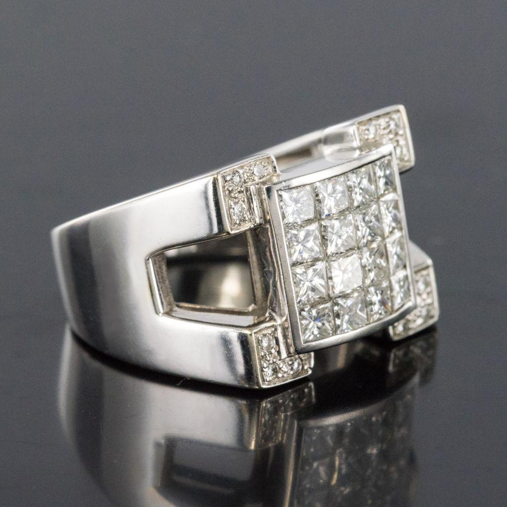 Art Deco Style Princess and Brilliant Cut Diamond 18K White Gold Signet Ring For Sale 7
