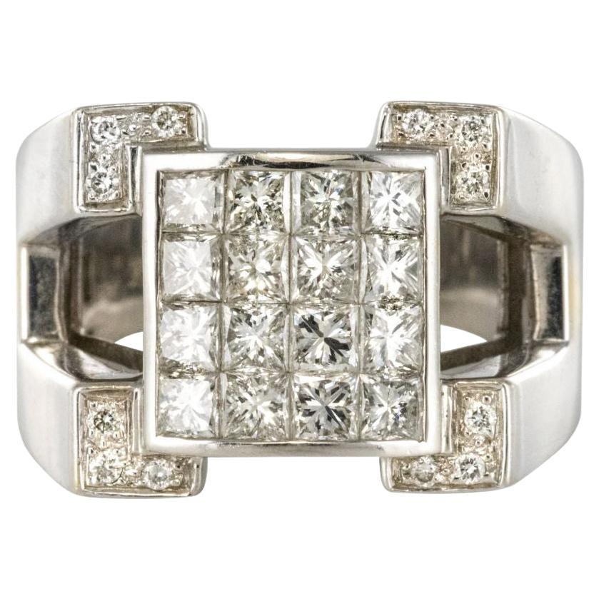 Art Deco Style Princess and Brilliant Cut Diamond 18K White Gold Signet Ring