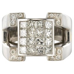 Vintage Art Deco Style Princess and Brilliant Cut Diamond 18K White Gold Signet Ring