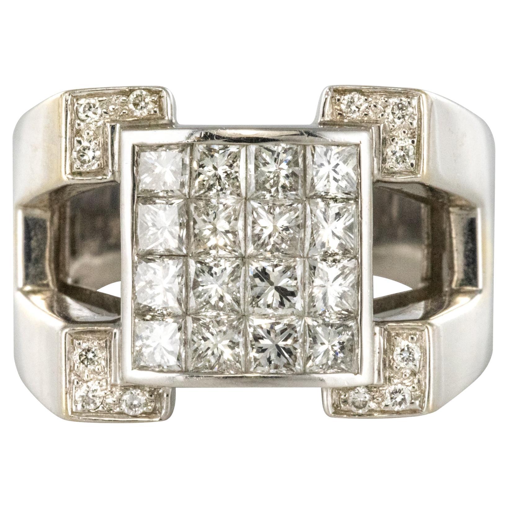 Anillo de oro blanco de 18 quilates con diamantes talla princesa y brillante estilo art déco