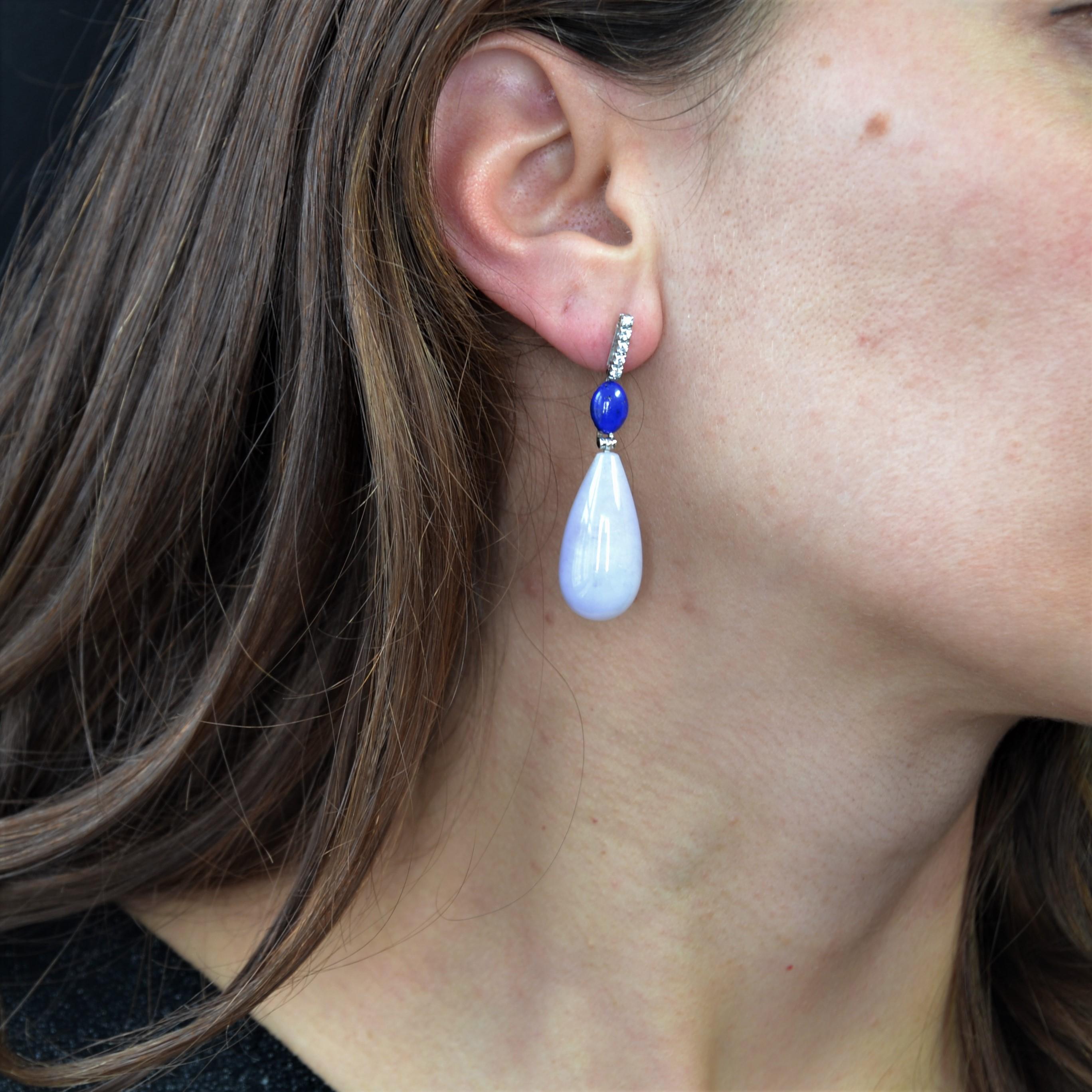 Brilliant Cut Art Deco Style Purple Jade Lapis Lazuli Diamond Dangle Earrings