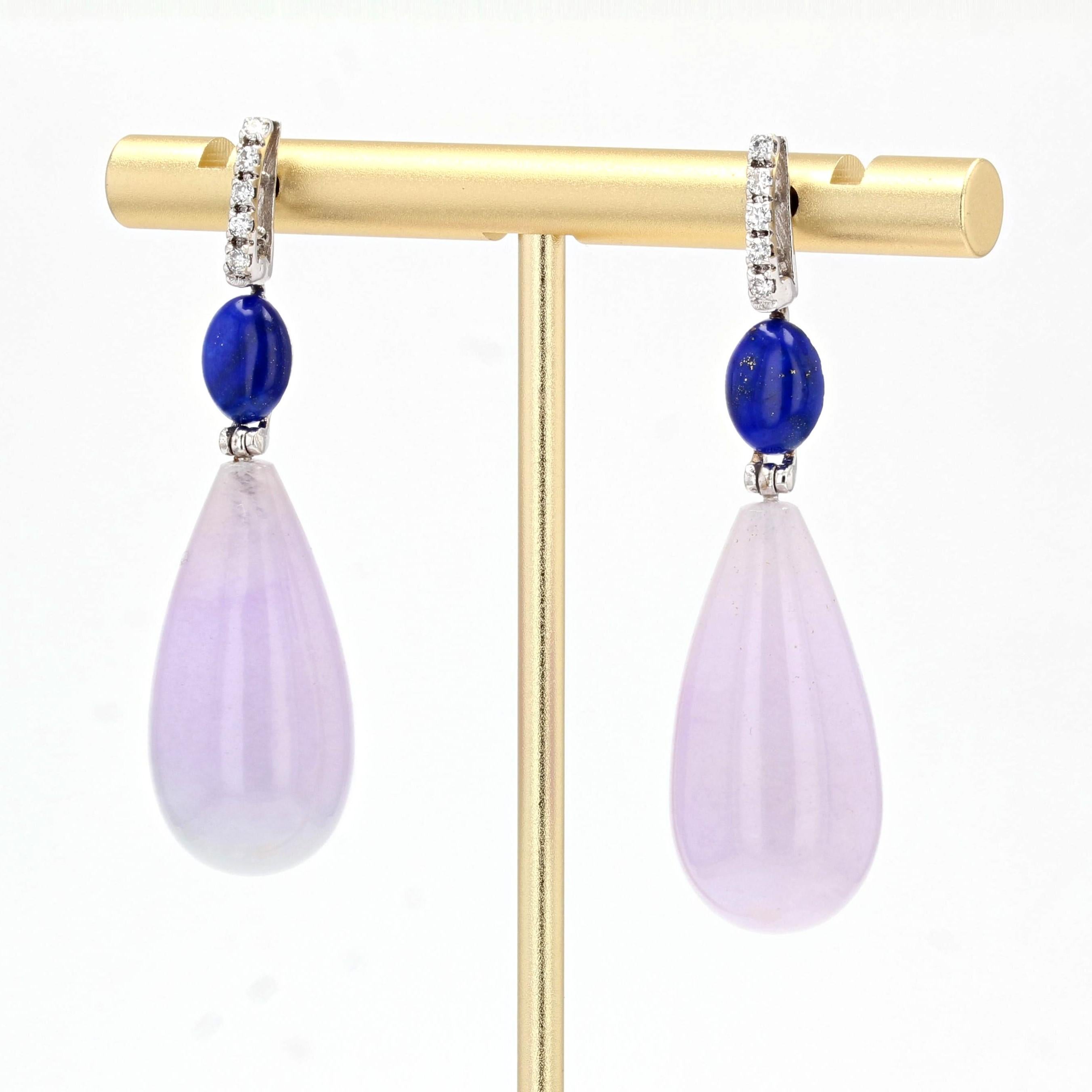 Art Deco Style Purple Jade Lapis Lazuli Diamond Dangle Earrings In New Condition In Poitiers, FR