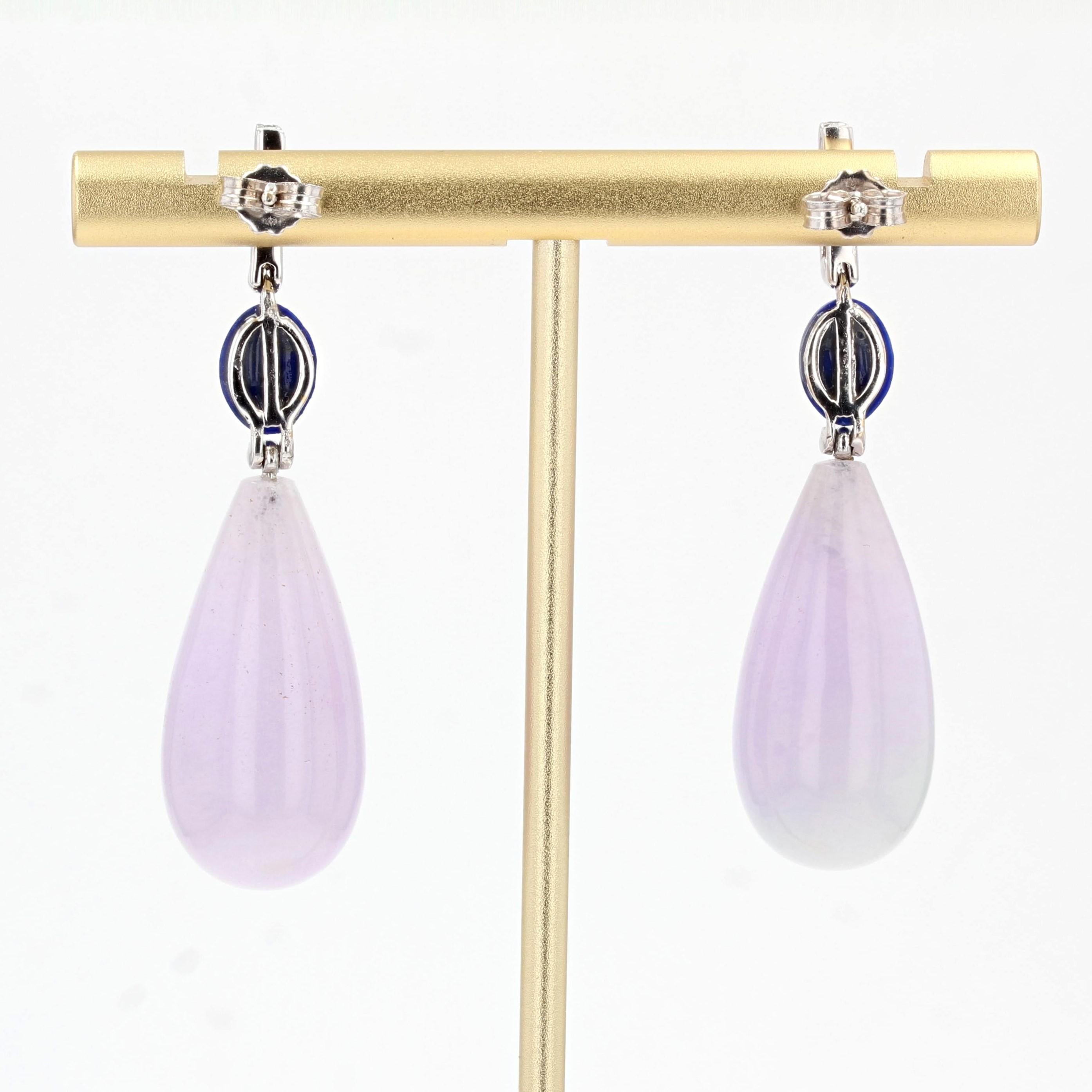 Women's Art Deco Style Purple Jade Lapis Lazuli Diamond Dangle Earrings