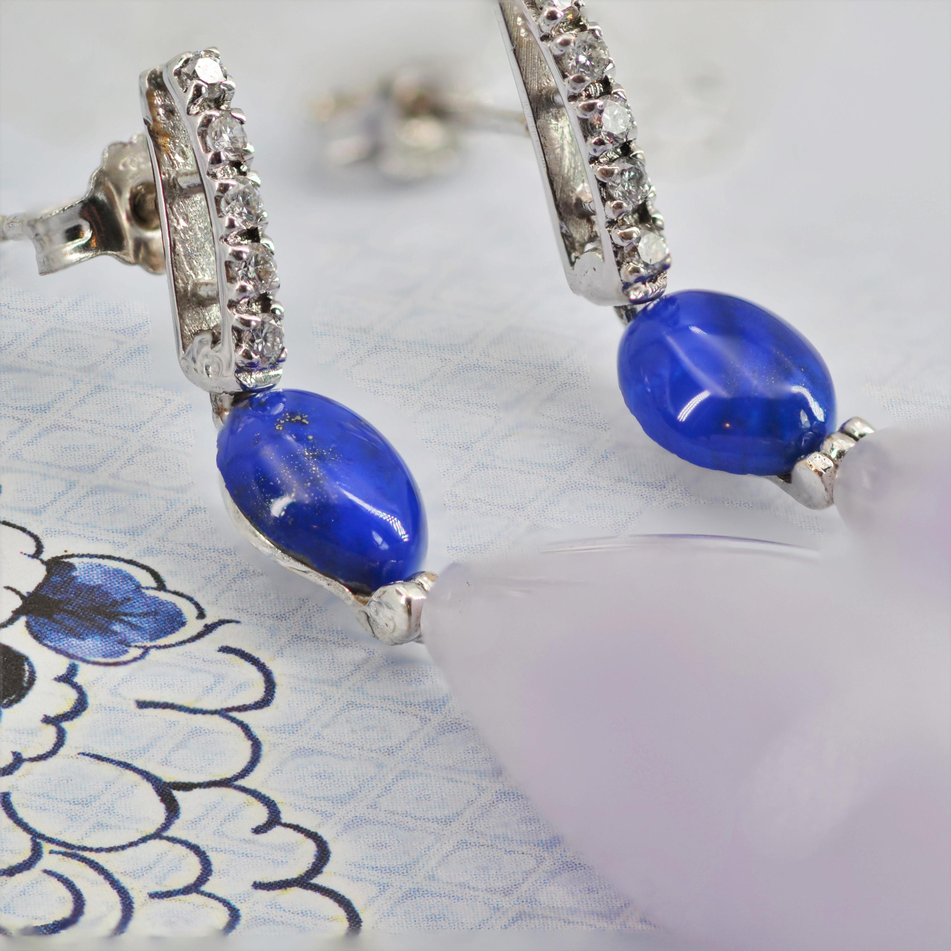 Art Deco Style Purple Jade Lapis Lazuli Diamond Dangle Earrings 1