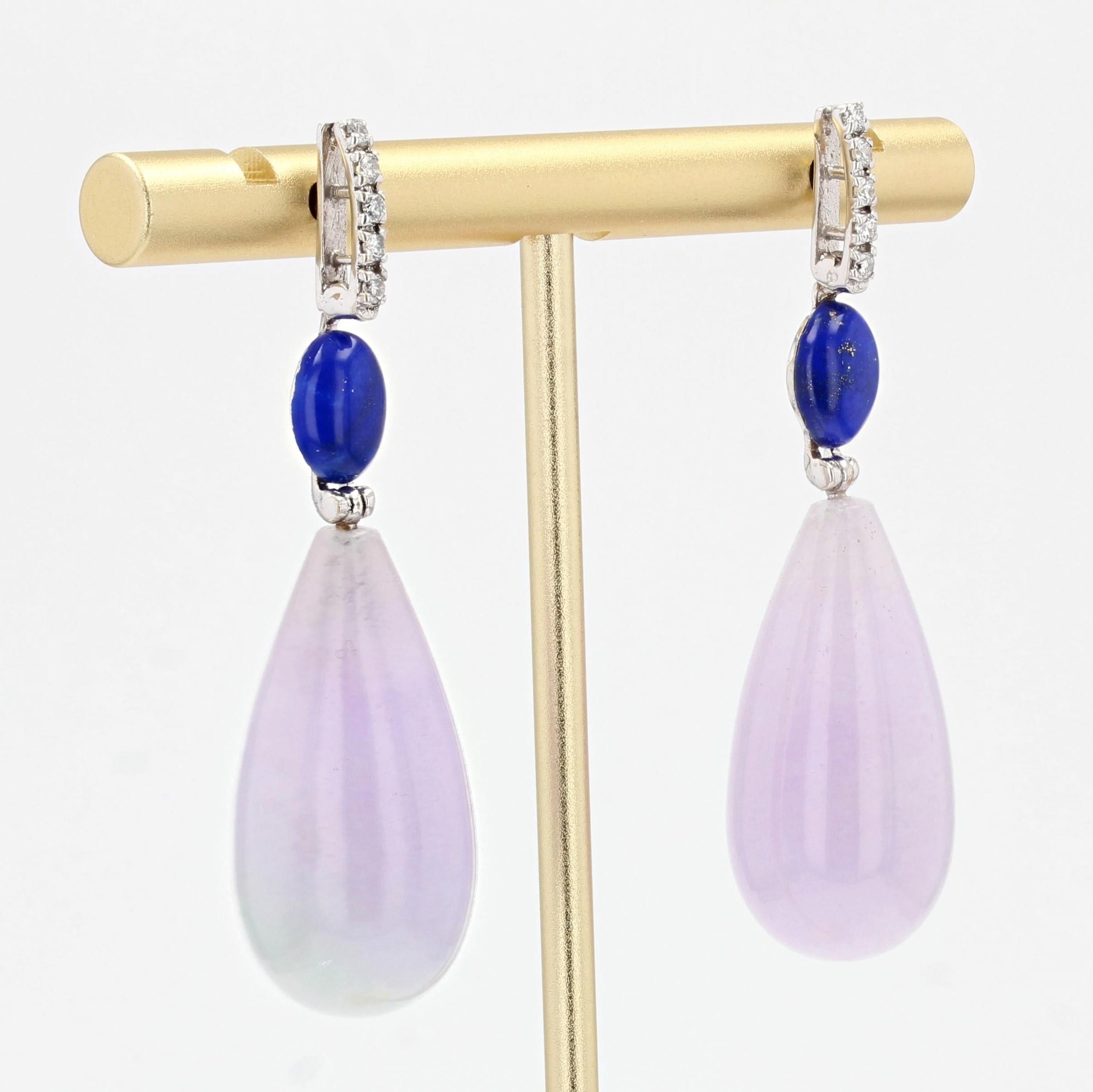 Art Deco Style Purple Jade Lapis Lazuli Diamond Dangle Earrings 2