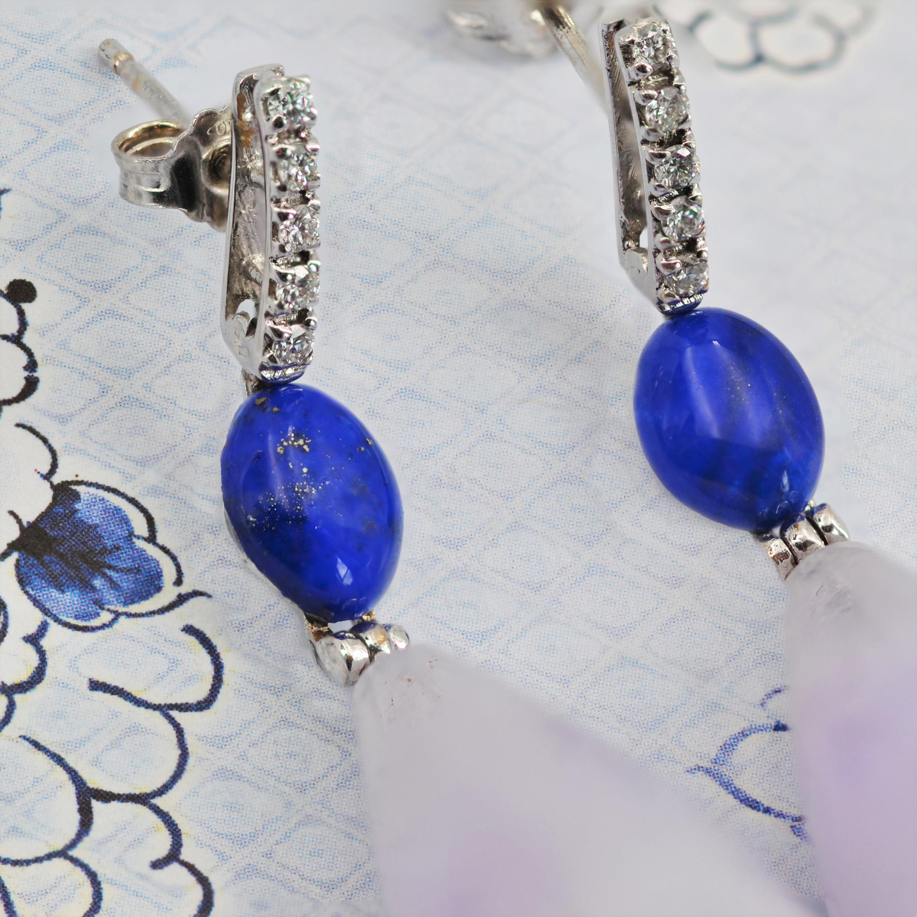 Art Deco Style Purple Jade Lapis Lazuli Diamond Dangle Earrings 3