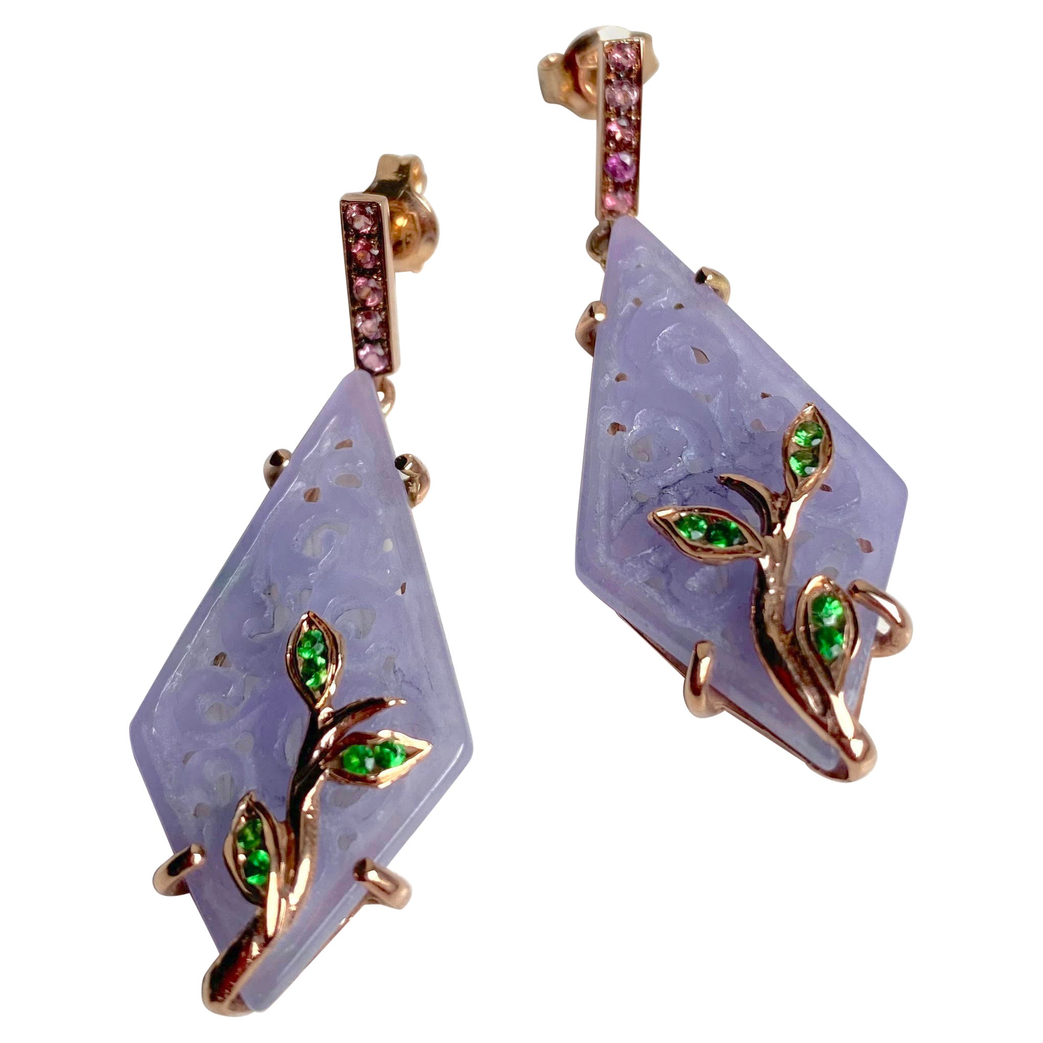 Art Deco Style Purple Jade Rose Gold Rose Tourmaline Tsavorite Dangle Earrings