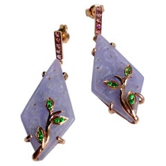 Art Deco Style Purple Jade Rose Gold Rose Tourmaline Tsavorite Dangle Earrings