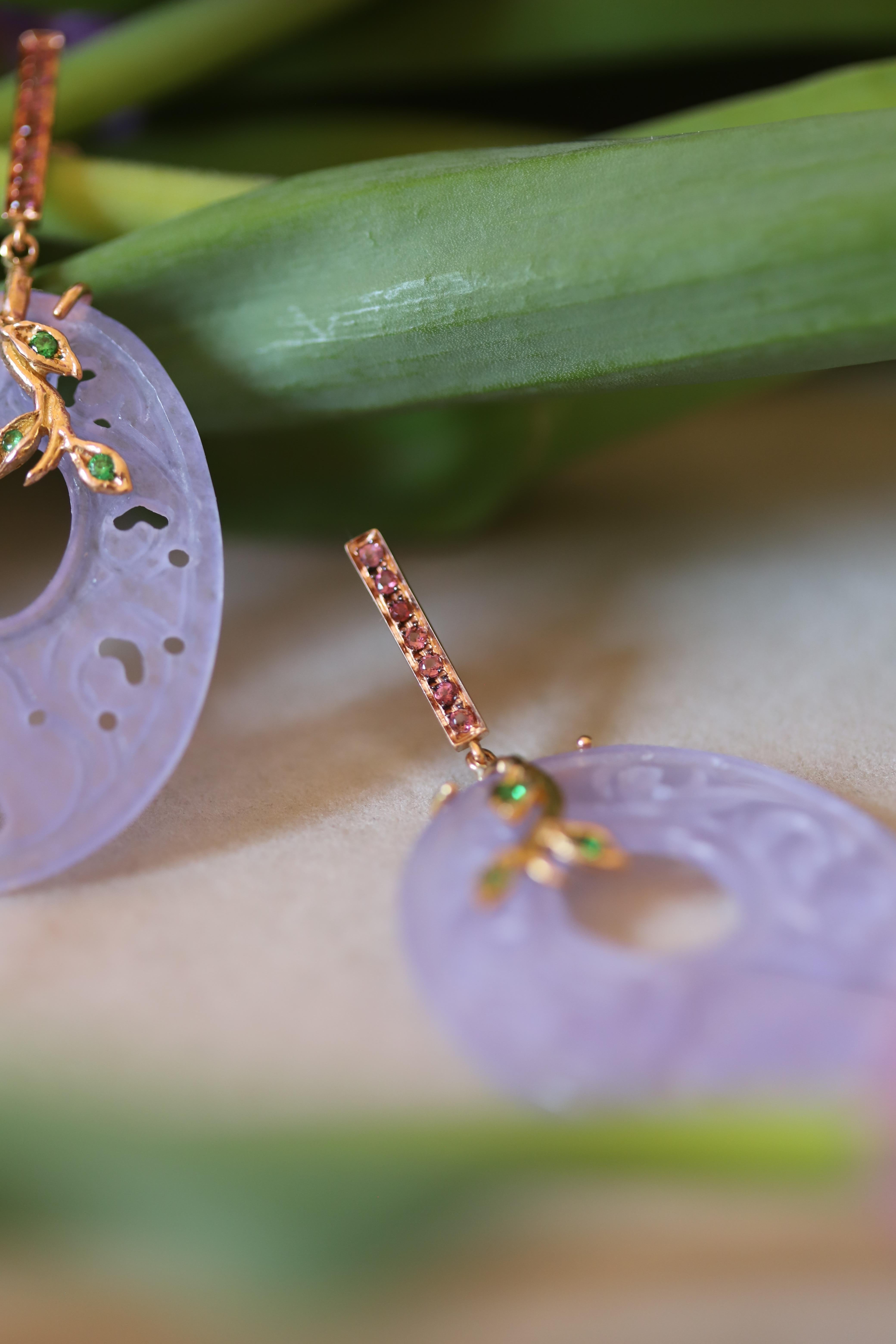 Rossella Ugolini Boucles d'oreilles en or jaune 18 carats, quartz rose et violet, fabriquées à la main en vente 3