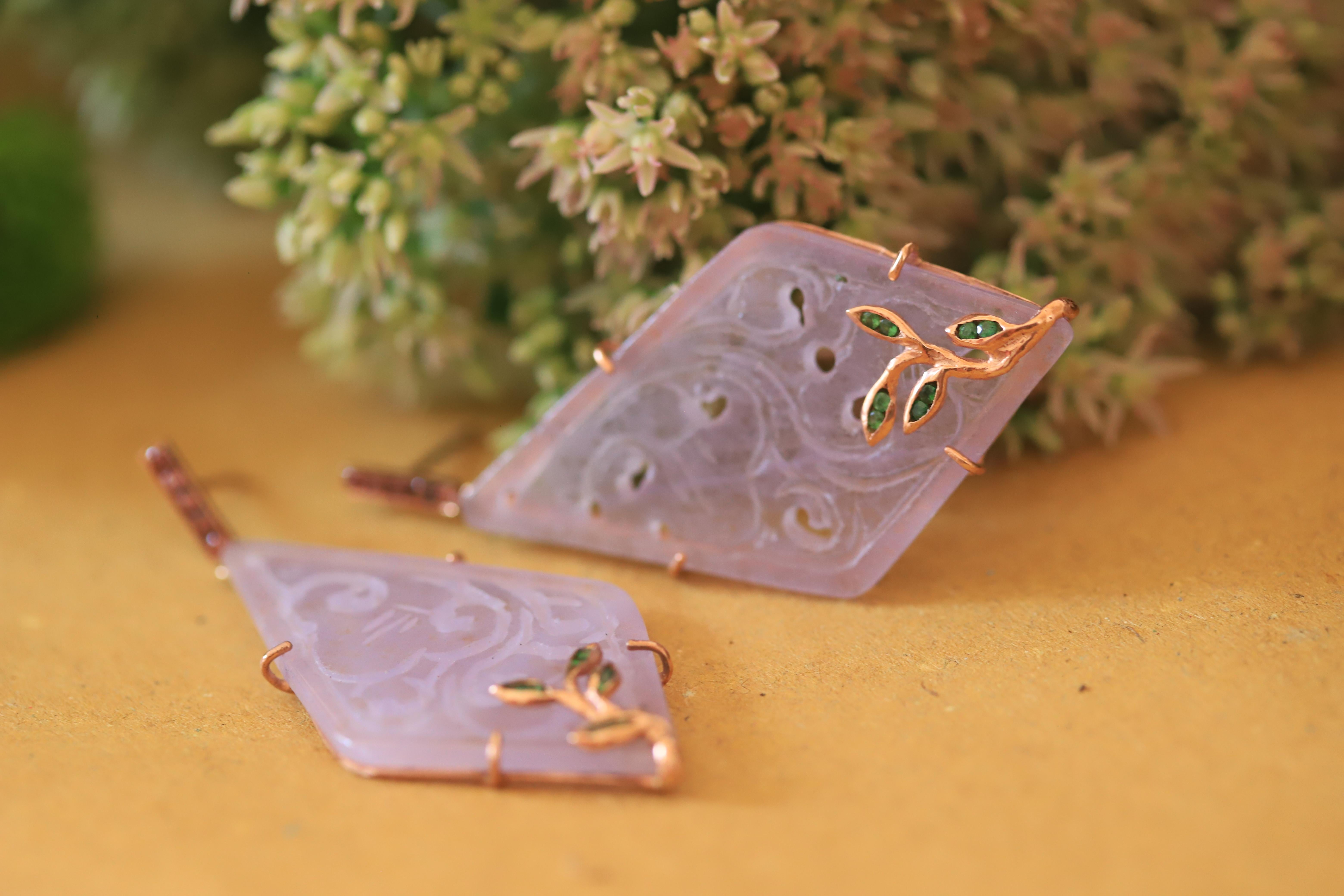Art Deco Style Rose Quartz Purple Color Gold Tourmaline Tsavorite Earrings For Sale 8