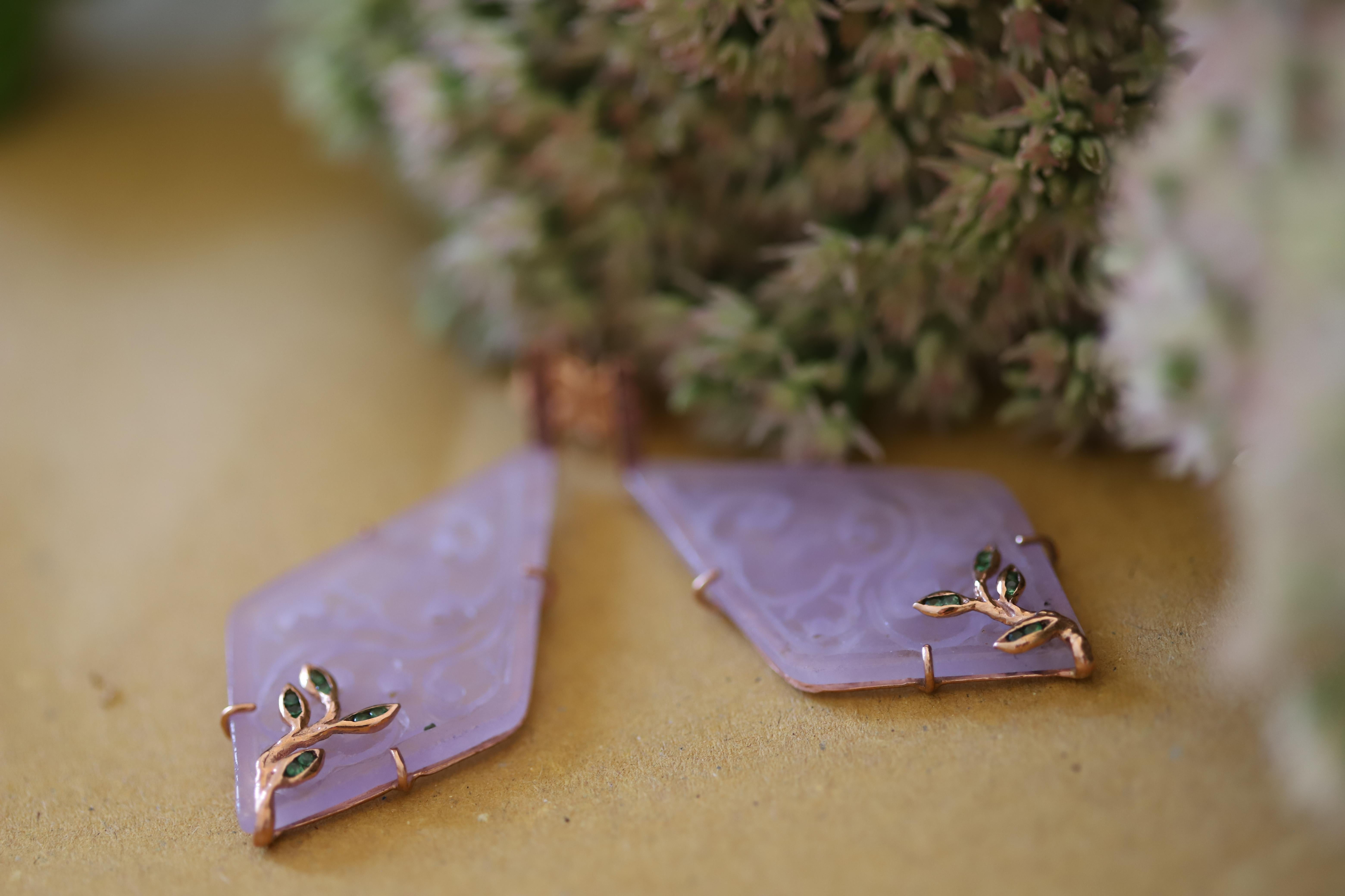 Art Deco Style Rose Quartz Purple Color Gold Tourmaline Tsavorite Earrings In New Condition For Sale In Rome, IT