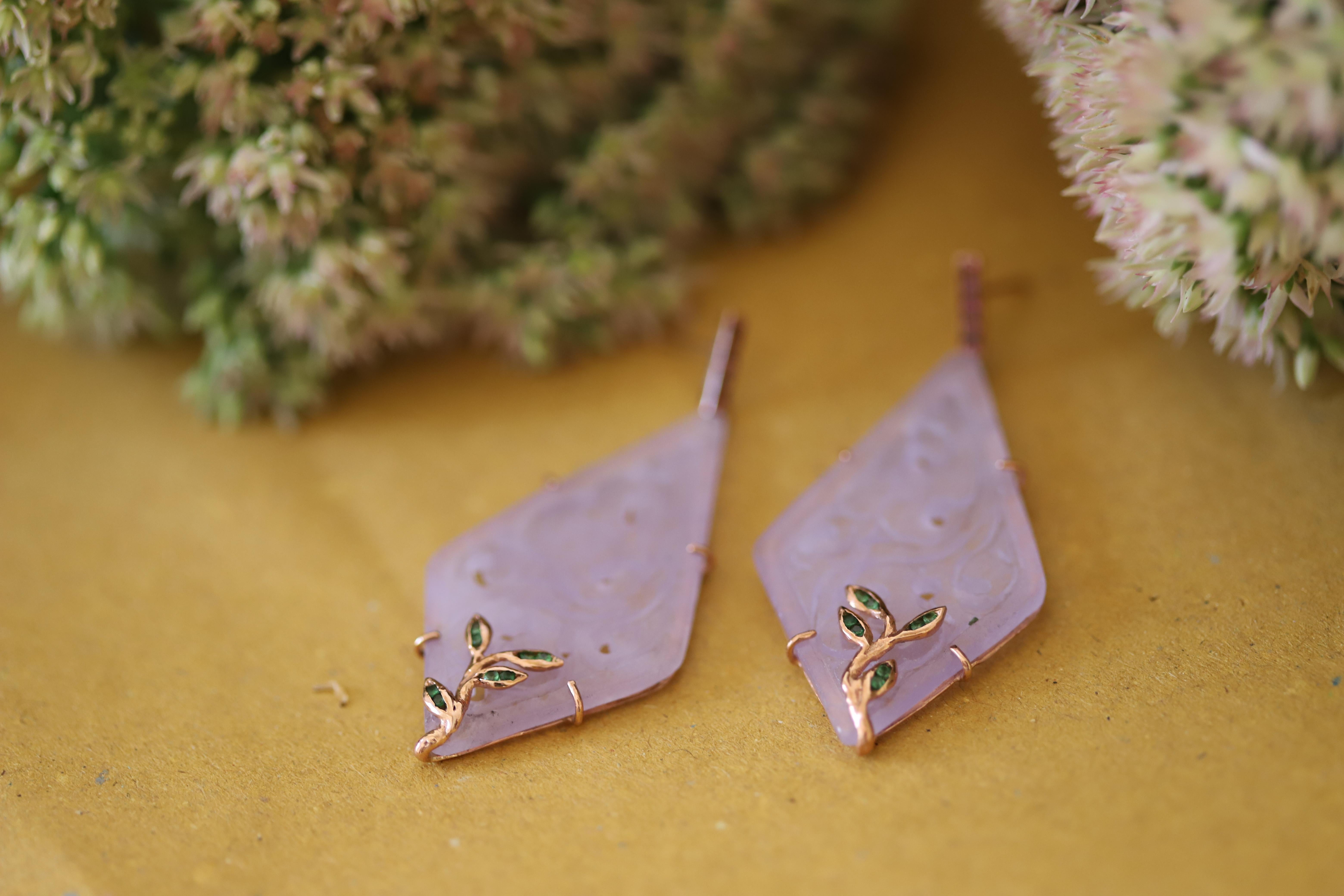 Boucles d'oreilles de style Art déco en or, quartz rose, tourmaline et tsavorite de couleur pourpre en vente 3