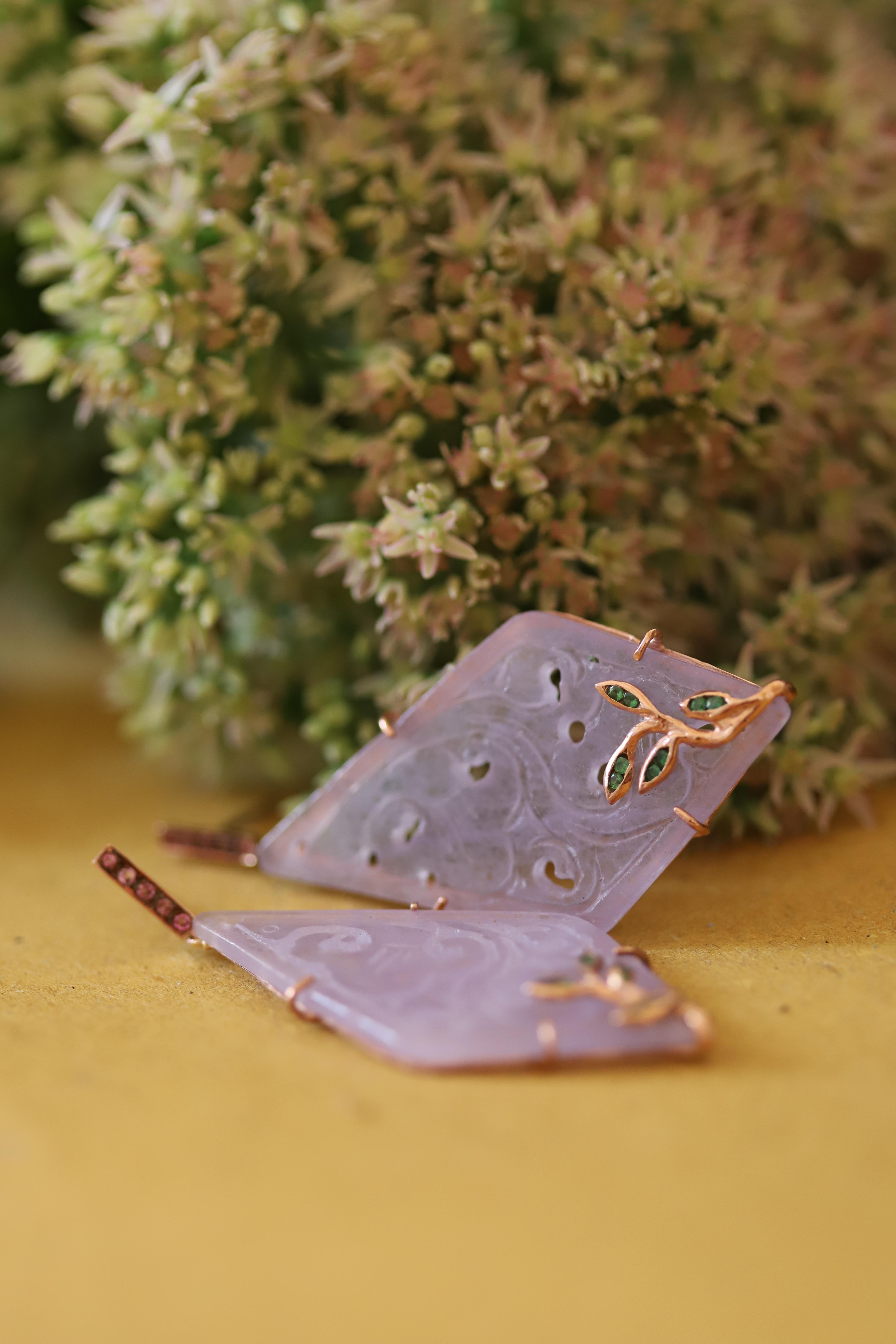 Quartz rose de style Art Déco  Boucles d'oreilles pendantes en or avec tourmaline de couleur violette en vente 4