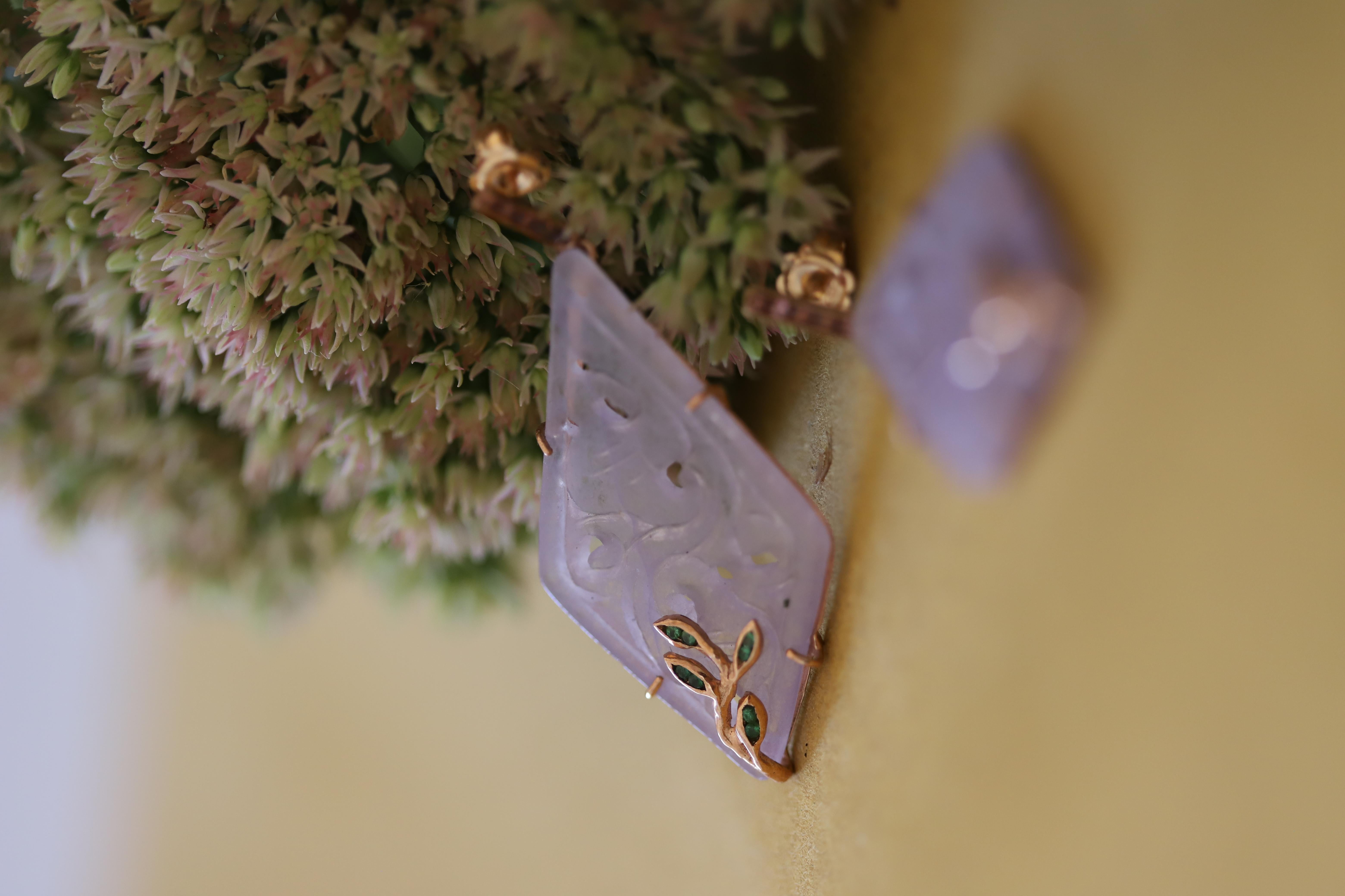 Art Deco Style Rose Quartz  Purple Color Tourmaline Gold Dangle Earrings For Sale 9