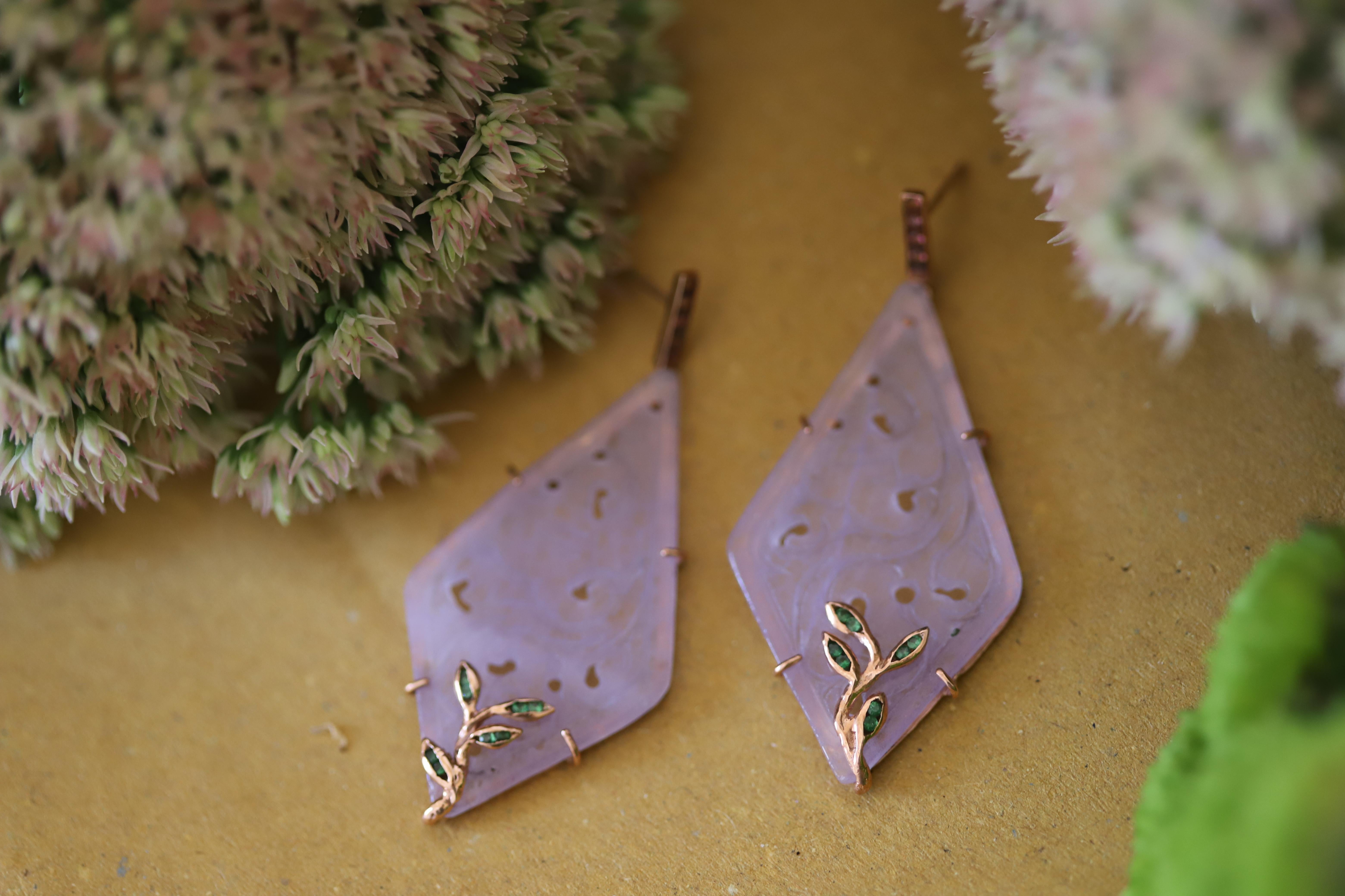 Art Deco Style Rose Quartz  Purple Color Tourmaline Gold Dangle Earrings For Sale 10