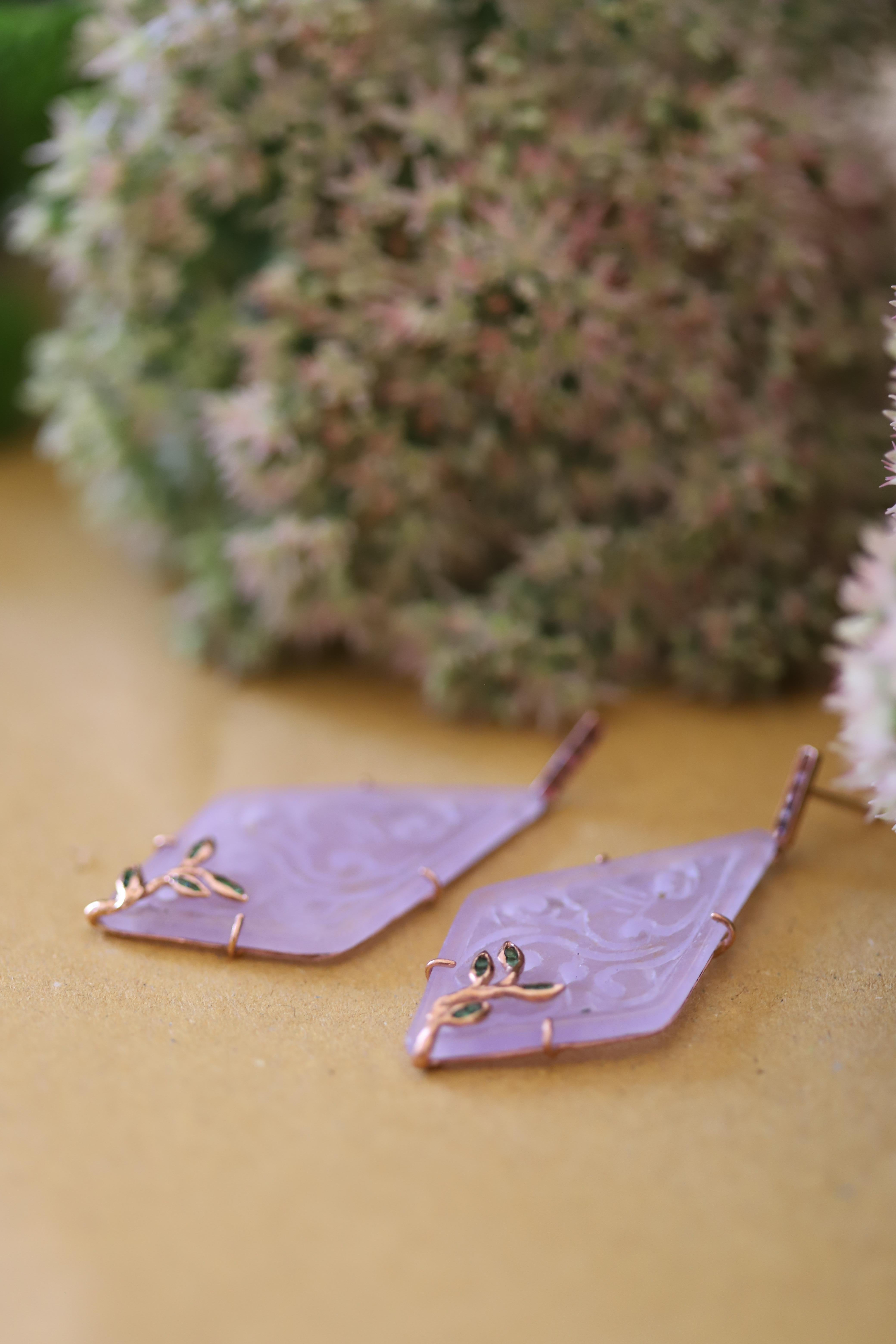 Art Deco Style Rose Quartz  Purple Color Tourmaline Gold Dangle Earrings In New Condition For Sale In Rome, IT