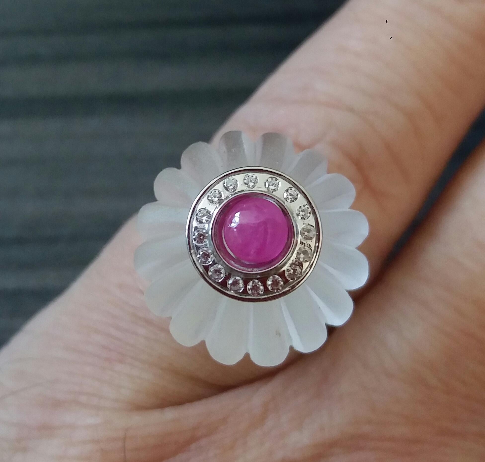 For Sale:  Art Deco Style Quartz Carved Ball Ruby 14k White Gold Diamonds Cocktail Ring 10