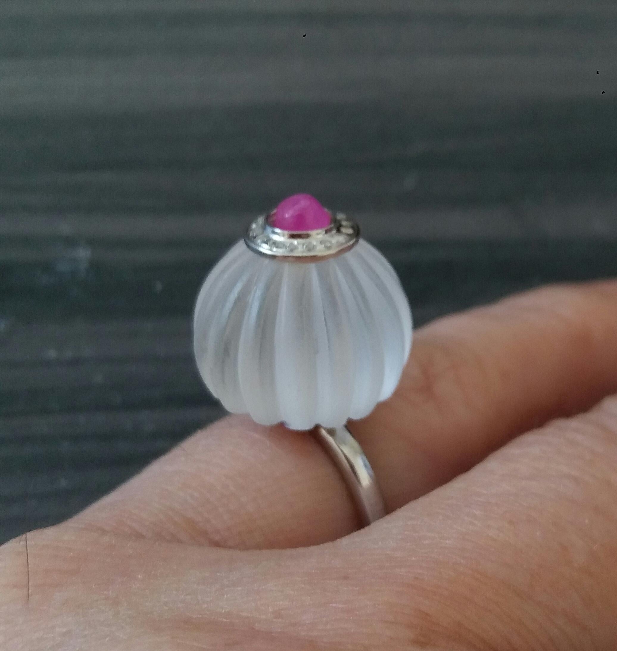 For Sale:  Art Deco Style Quartz Carved Ball Ruby 14k White Gold Diamonds Cocktail Ring 11