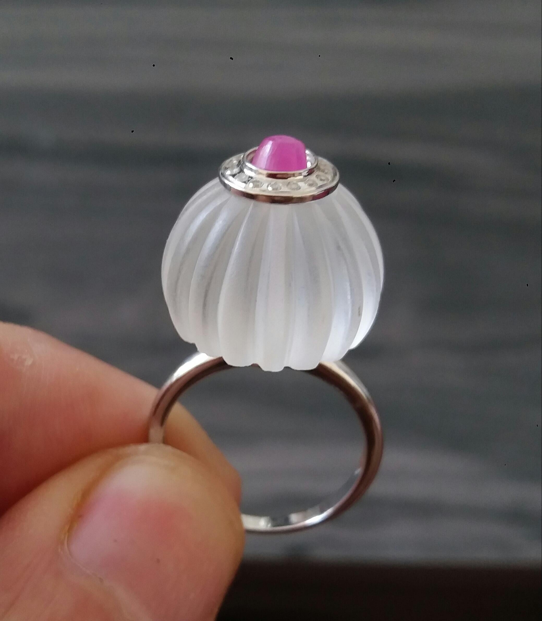 For Sale:  Art Deco Style Quartz Carved Ball Ruby 14k White Gold Diamonds Cocktail Ring 12