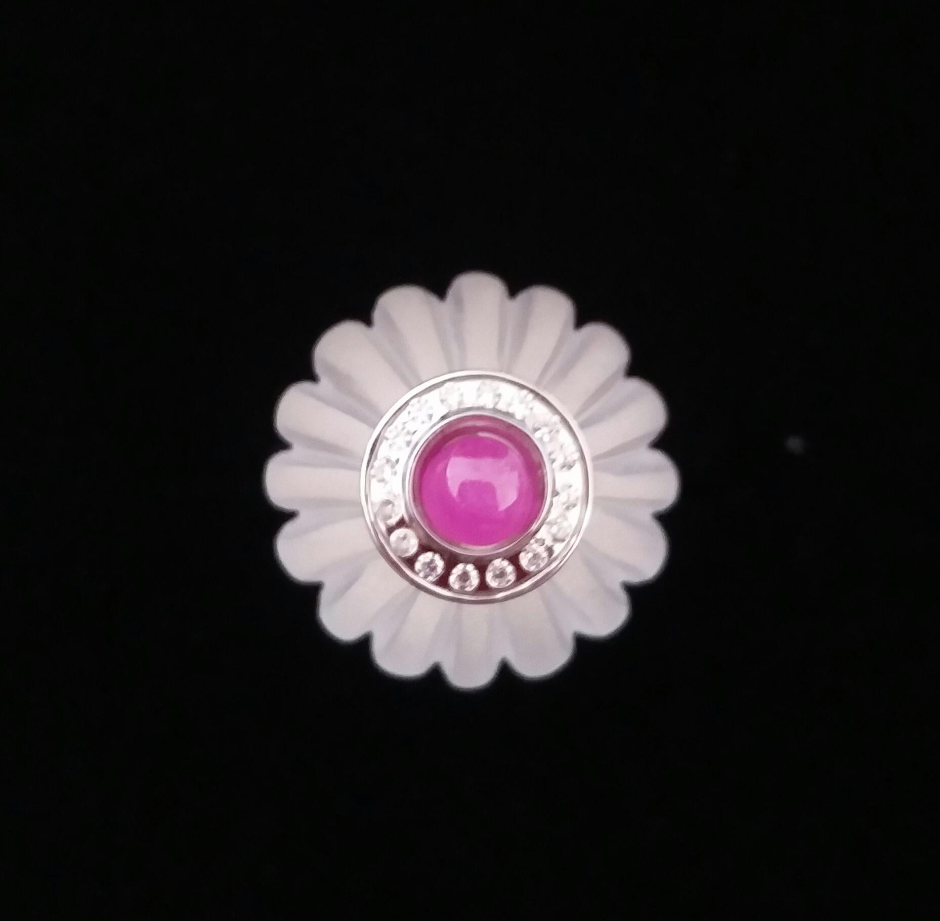 For Sale:  Art Deco Style Quartz Carved Ball Ruby 14k White Gold Diamonds Cocktail Ring 13