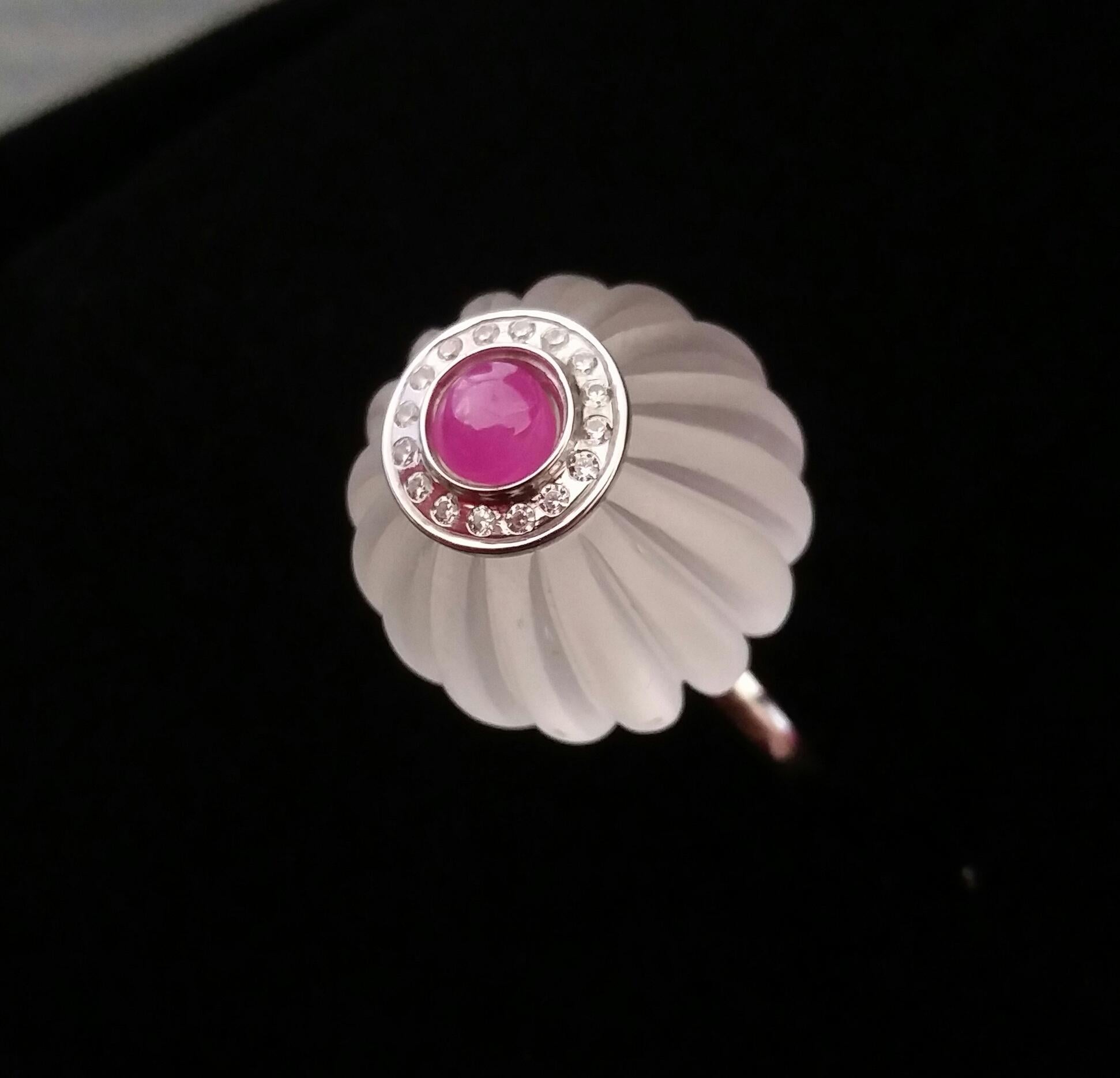 For Sale:  Art Deco Style Quartz Carved Ball Ruby 14k White Gold Diamonds Cocktail Ring 14
