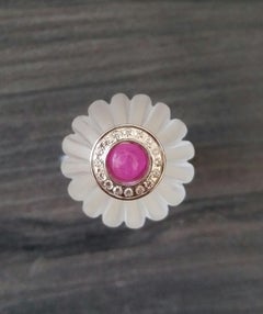 Art Deco Style Quartz Carved Ball Ruby 14k White Gold Diamonds Cocktail Ring