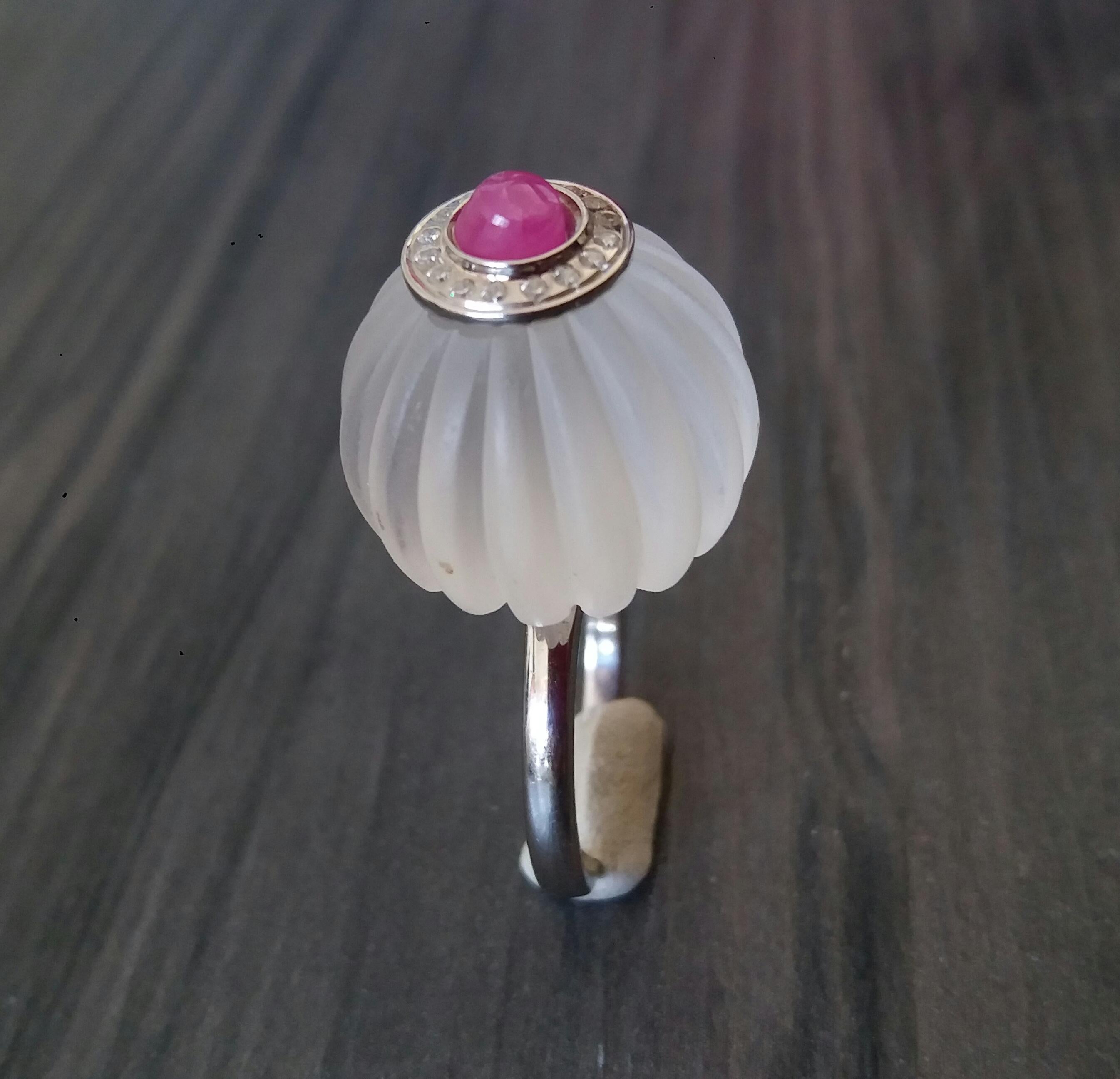 For Sale:  Art Deco Style Quartz Carved Ball Ruby 14k White Gold Diamonds Cocktail Ring 4