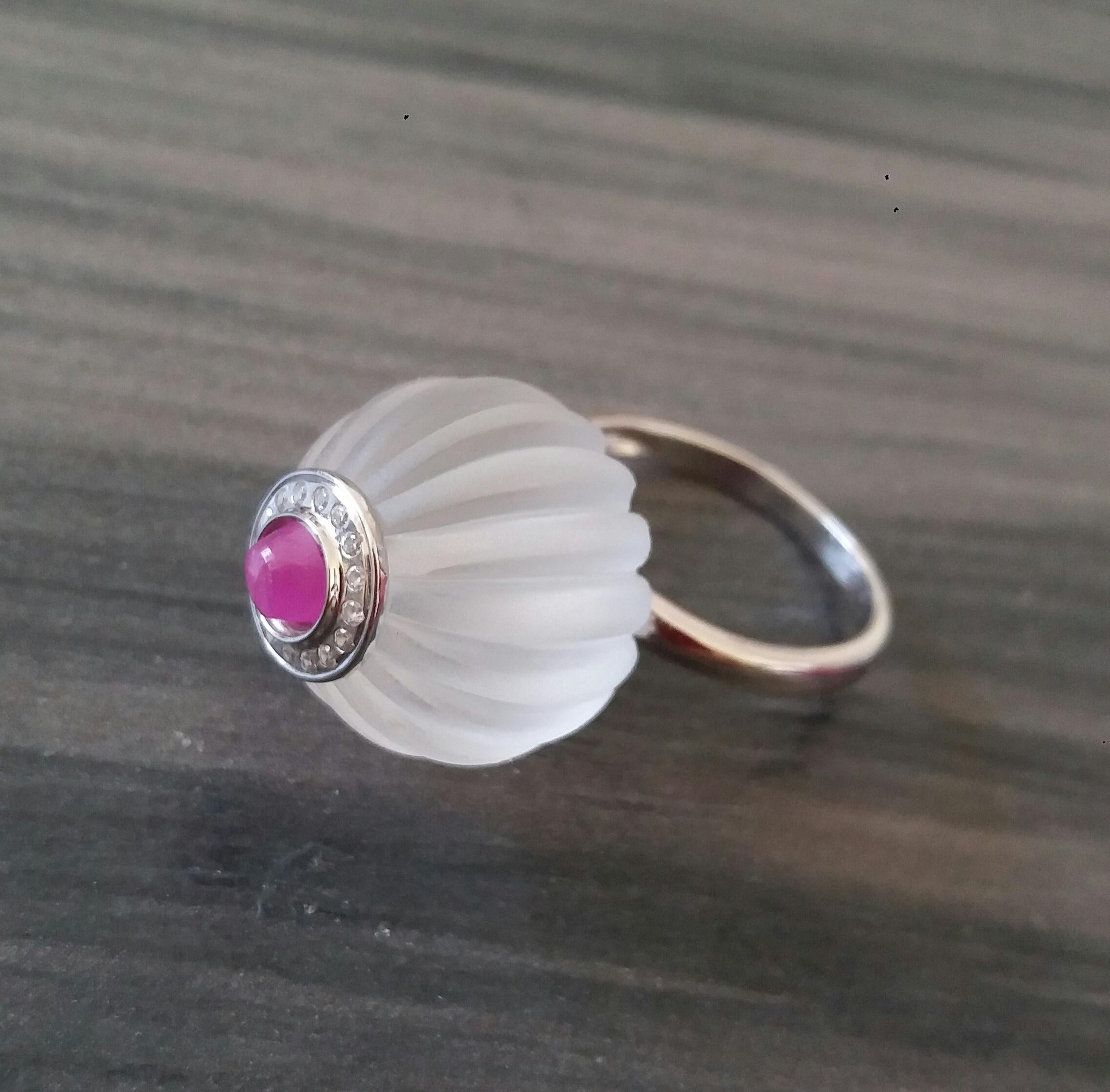 For Sale:  Art Deco Style Quartz Carved Ball Ruby 14k White Gold Diamonds Cocktail Ring 5