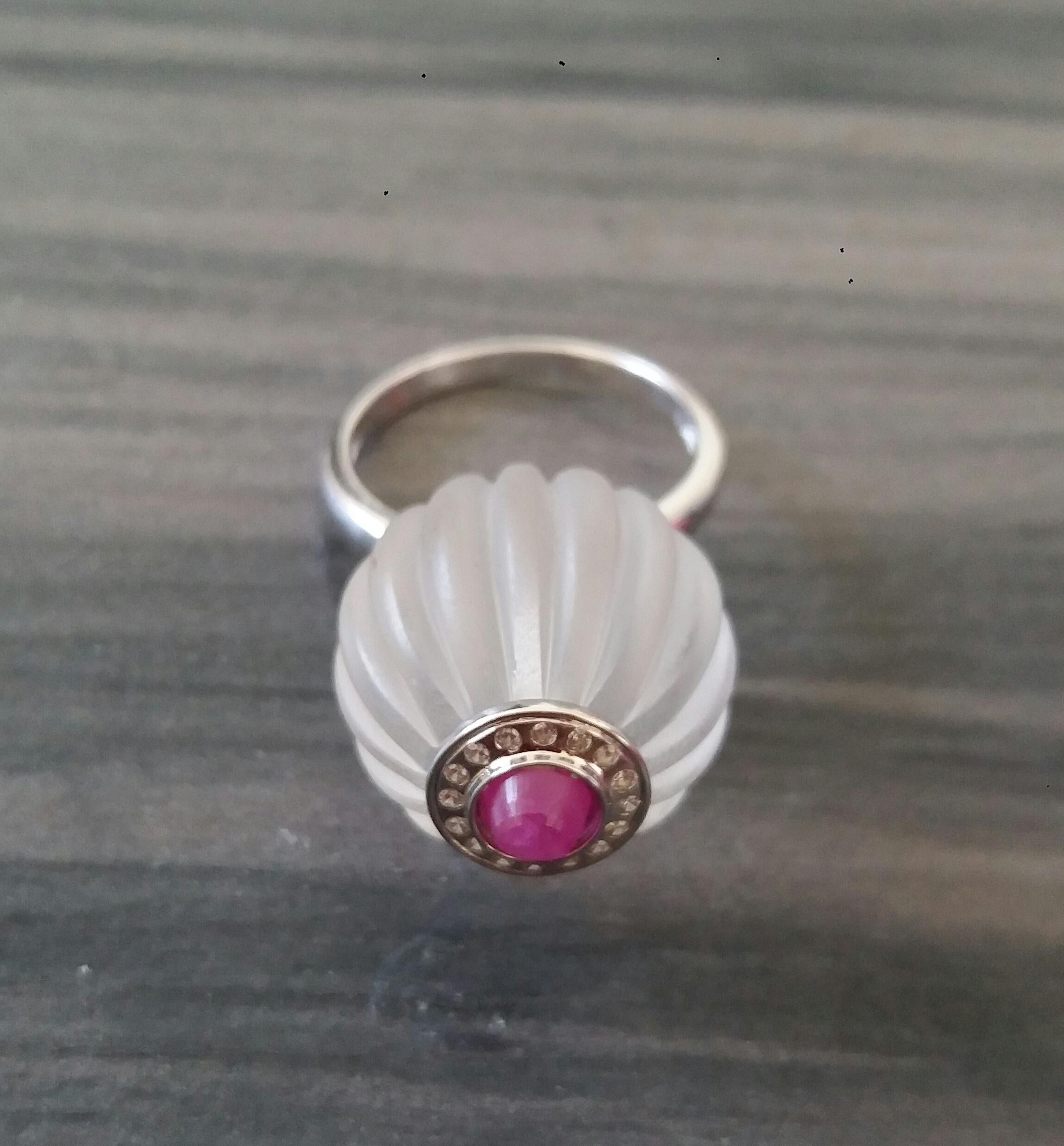 For Sale:  Art Deco Style Quartz Carved Ball Ruby 14k White Gold Diamonds Cocktail Ring 6
