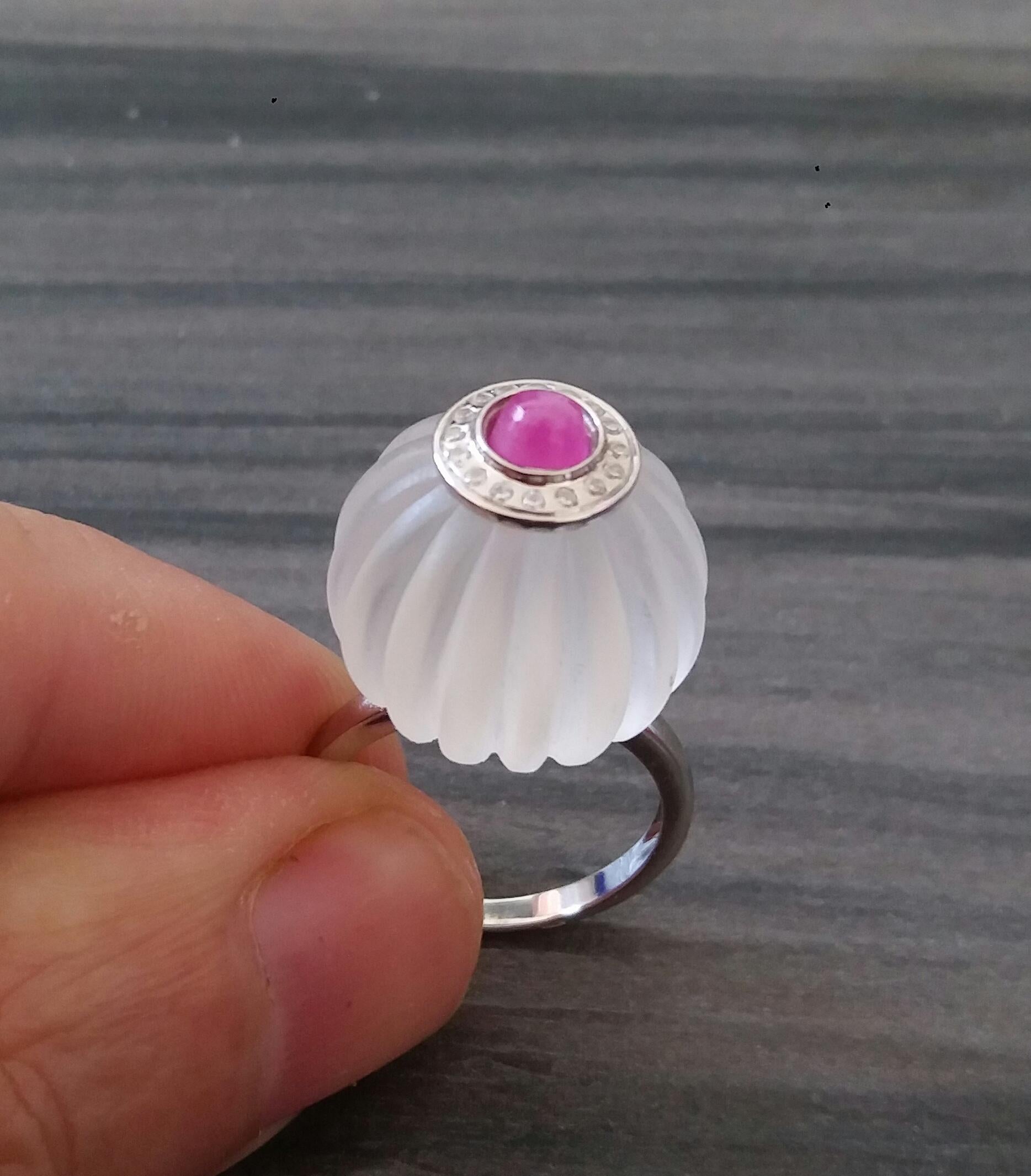 For Sale:  Art Deco Style Quartz Carved Ball Ruby 14k White Gold Diamonds Cocktail Ring 7