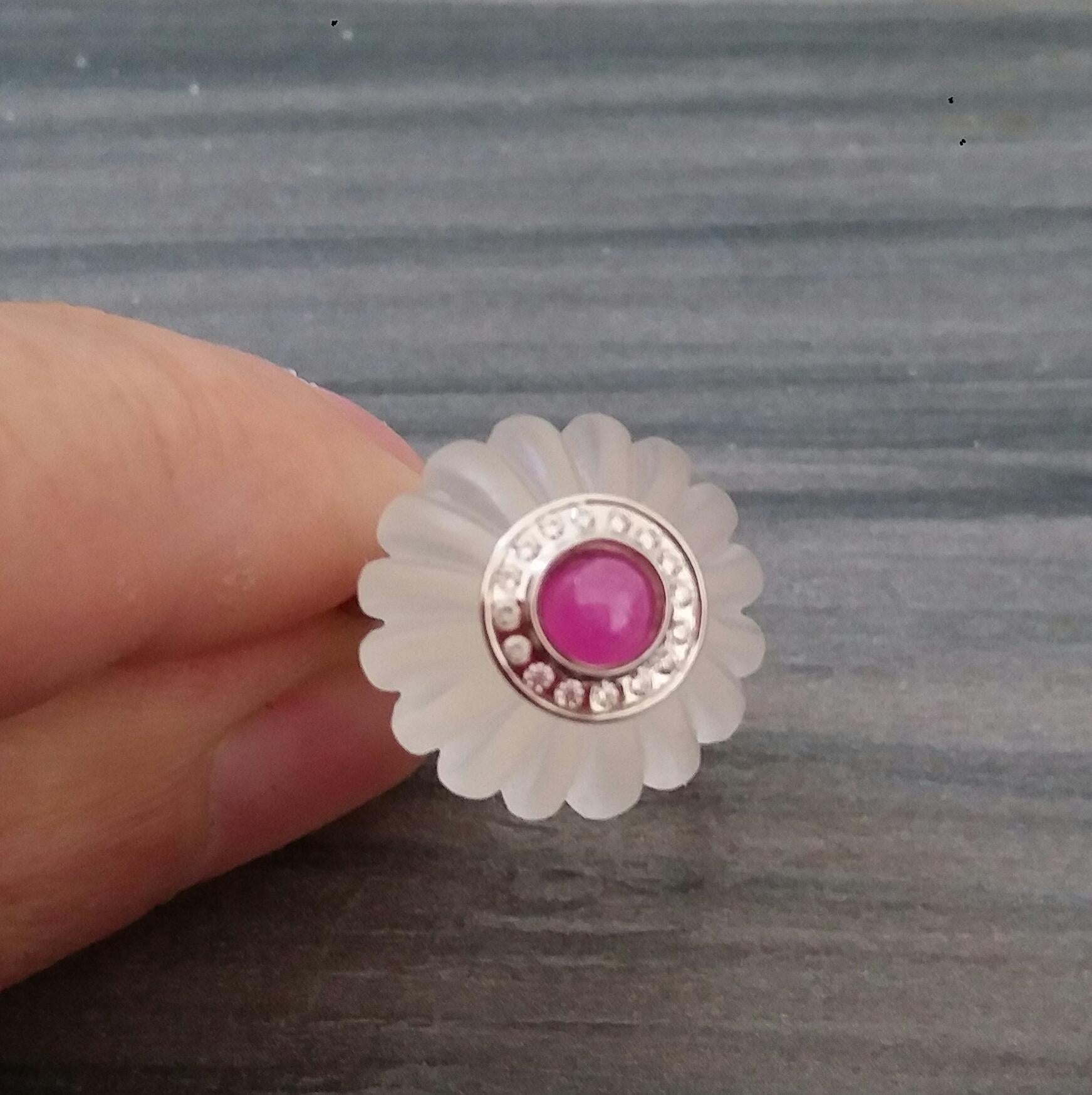 For Sale:  Art Deco Style Quartz Carved Ball Ruby 14k White Gold Diamonds Cocktail Ring 8