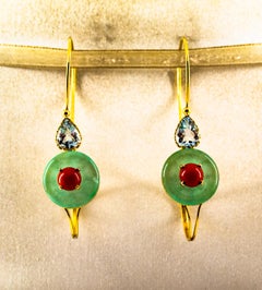 Art Deco Style Red Coral Jade Aquamarine Yellow Gold Lever-Back Earrings