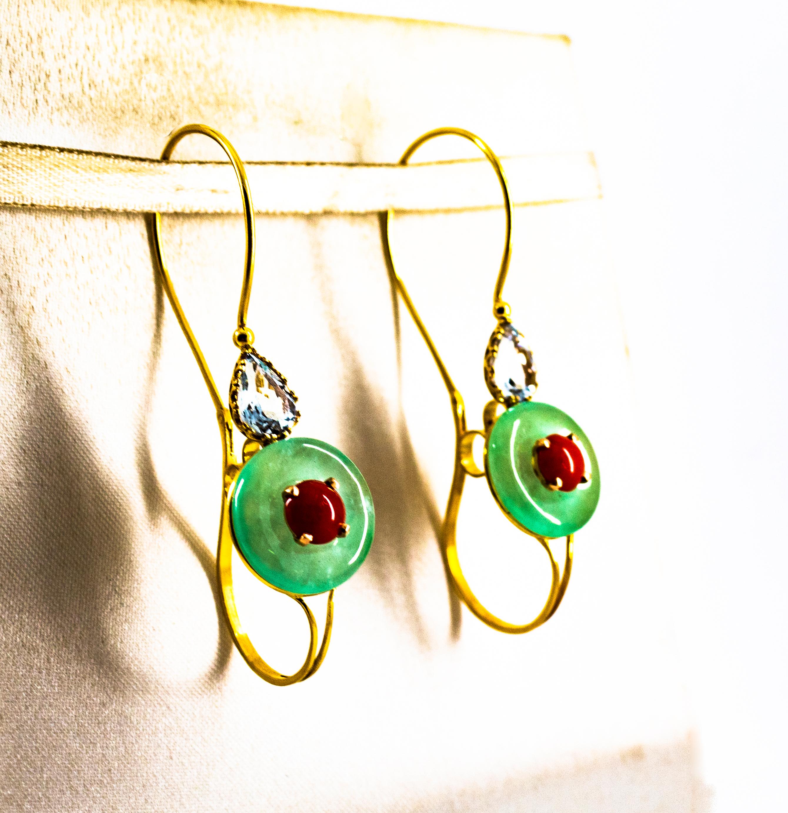 Cabochon Art Deco Style Red Coral Jade Aquamarine Yellow Gold Lever-Back Earrings For Sale