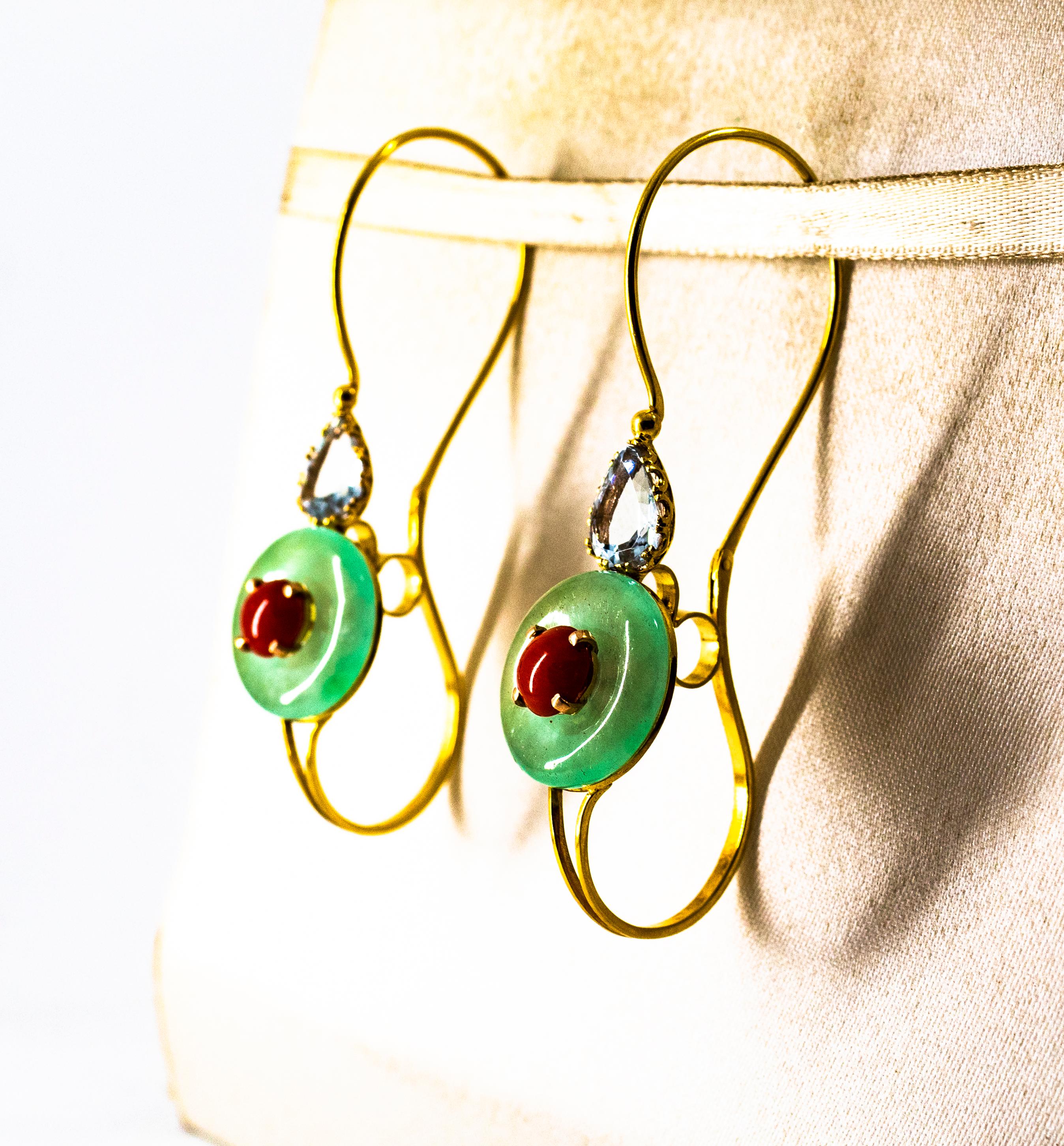 Women's or Men's Art Deco Style Red Coral Jade Aquamarine Yellow Gold Lever-Back Earrings