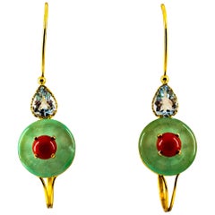 Art Deco Style Red Coral Jade Aquamarine Yellow Gold Lever-Back Earrings