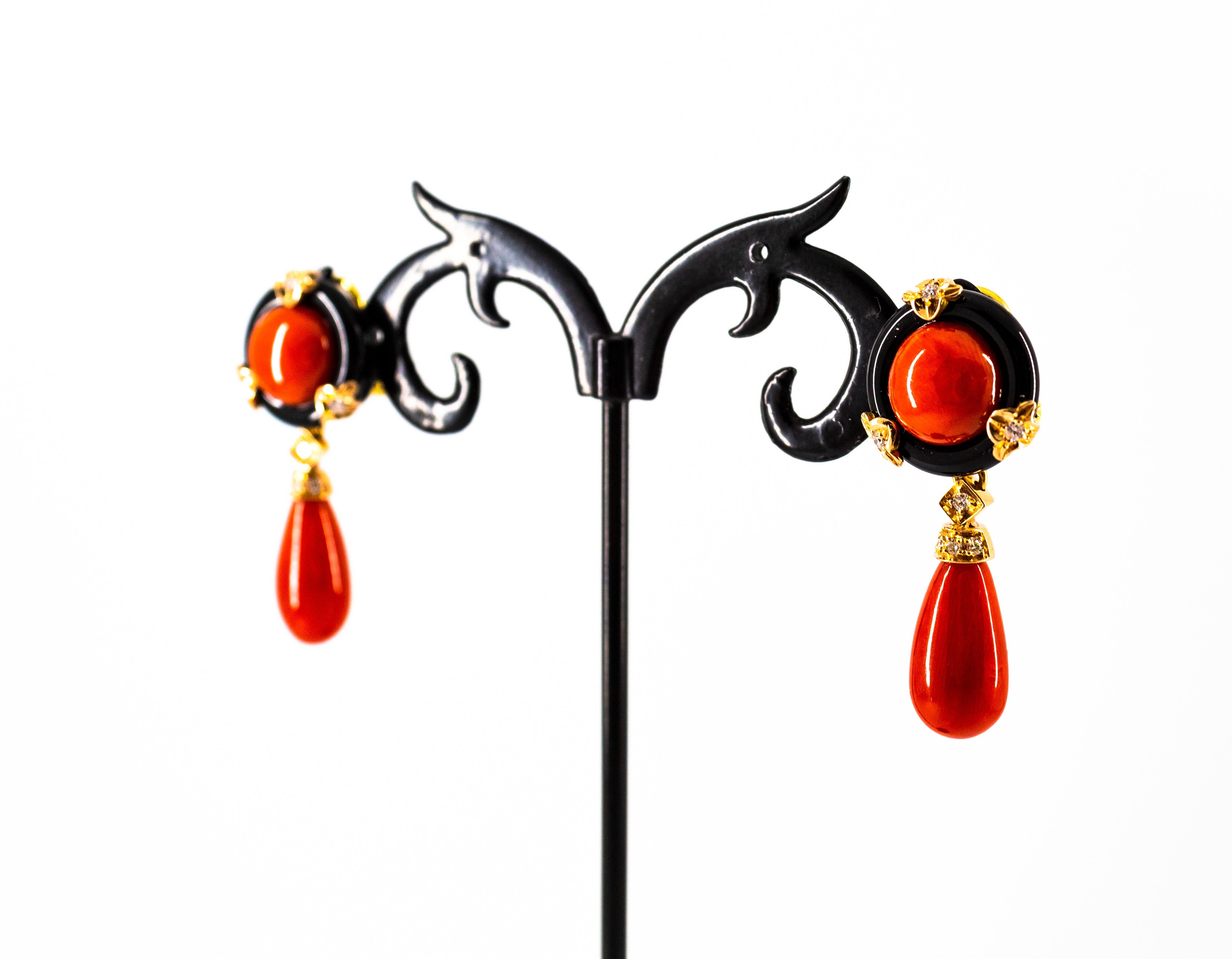 Art Deco Style Red Coral Onyx White Diamond Yellow Gold Clip-On Earrings 5