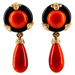 Art Deco Style Red Coral Onyx White Diamond Yellow Gold Clip-On Earrings