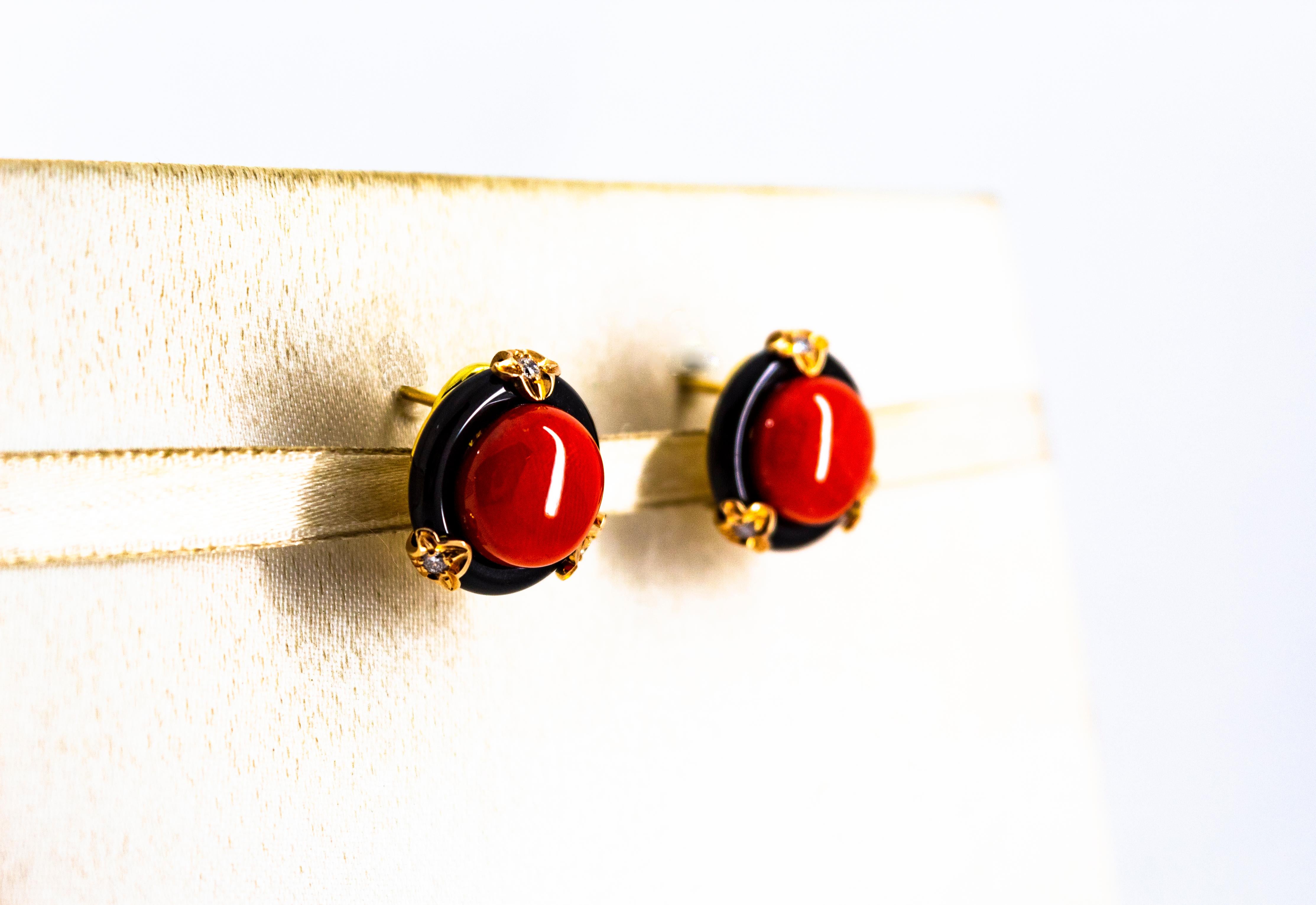 Brilliant Cut Art Deco Style Red Coral Onyx White Diamond Yellow Gold Dangle Clip-On Earrings For Sale