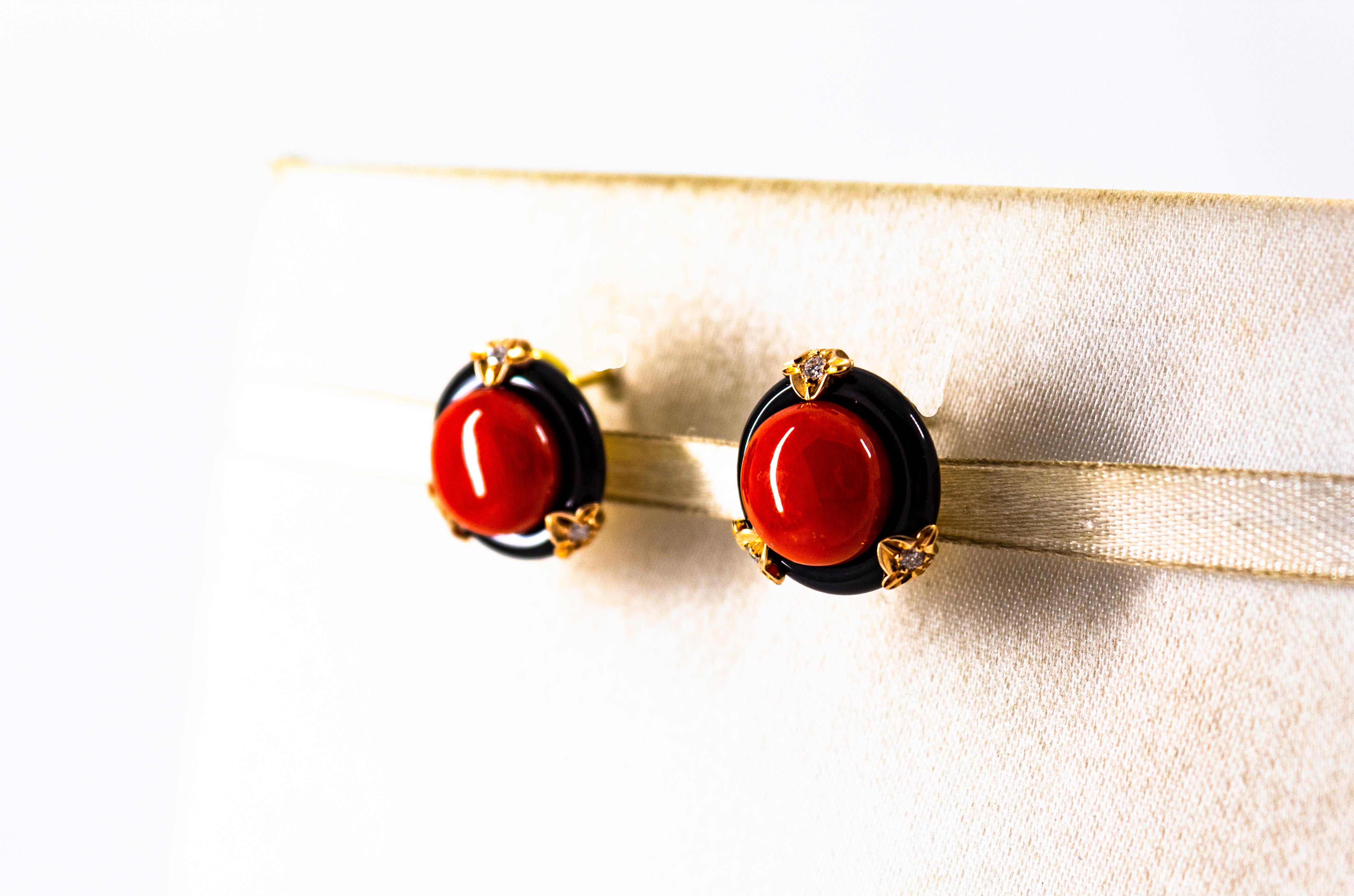 Art Deco Style Red Coral Onyx White Diamond Yellow Gold Dangle Clip-On Earrings In New Condition For Sale In Naples, IT