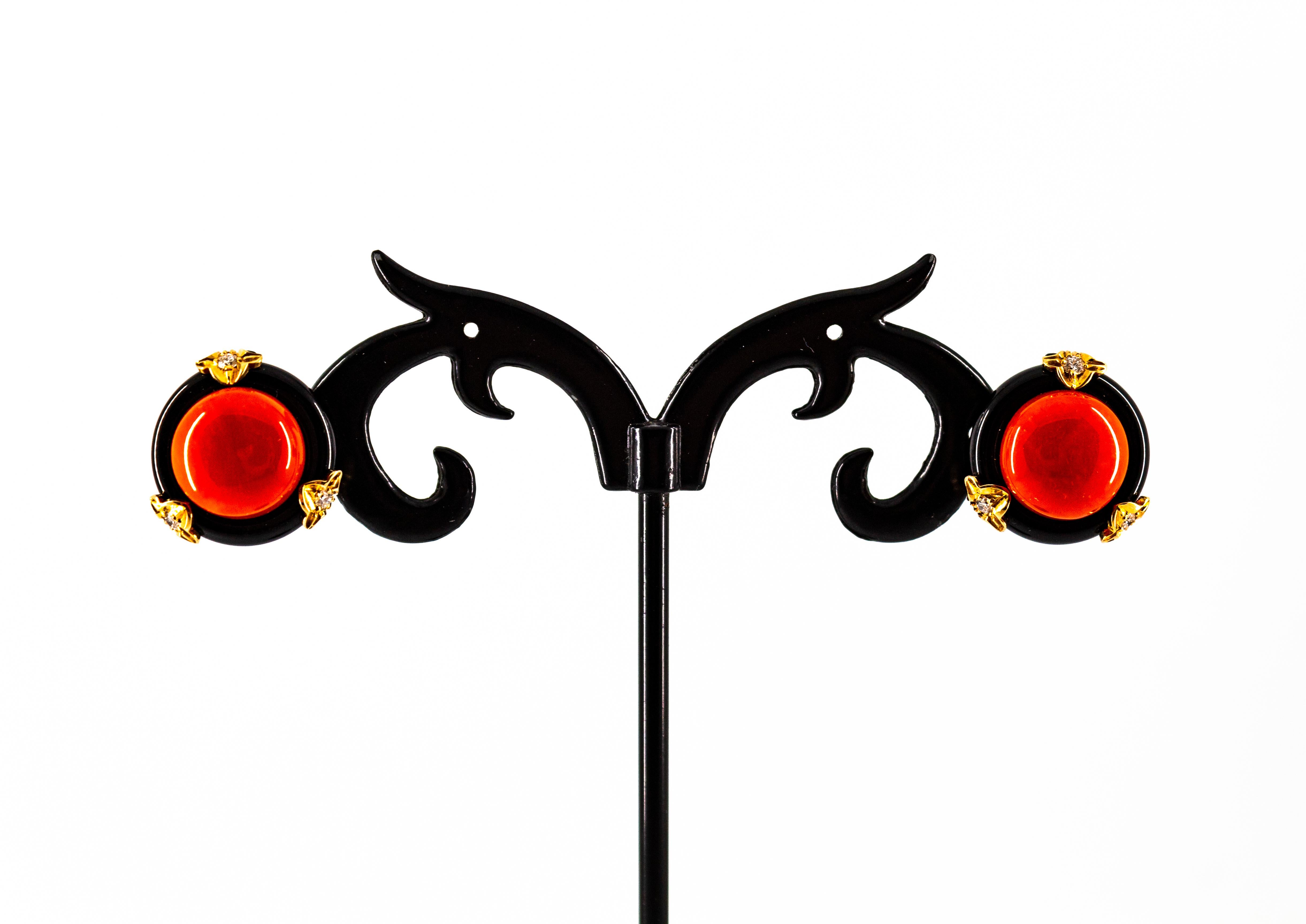 Women's or Men's Art Deco Style Red Coral Onyx White Diamond Yellow Gold Dangle Clip-On Earrings For Sale
