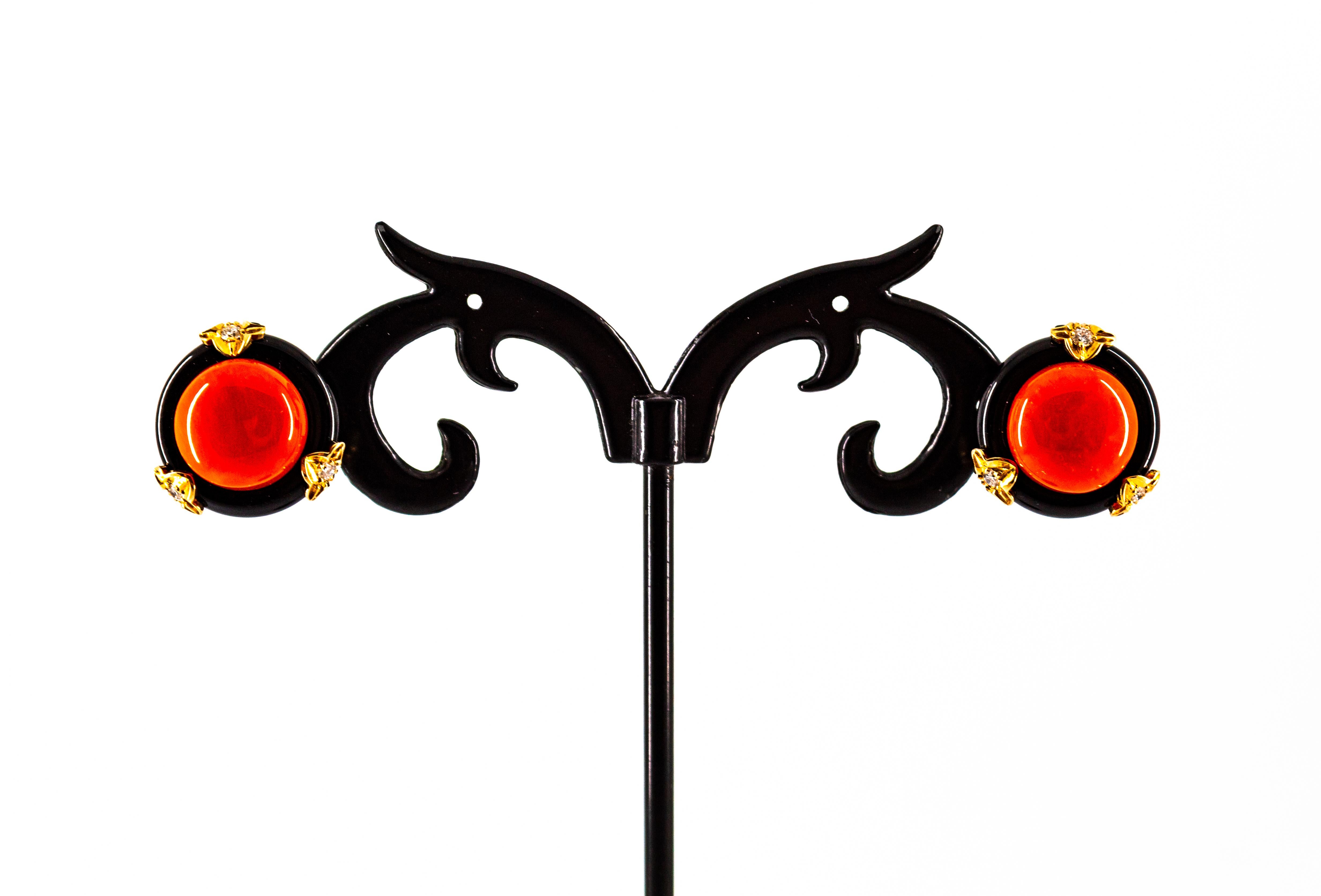 Art Deco Style Red Coral Onyx White Diamond Yellow Gold Dangle Clip-On Earrings For Sale 1