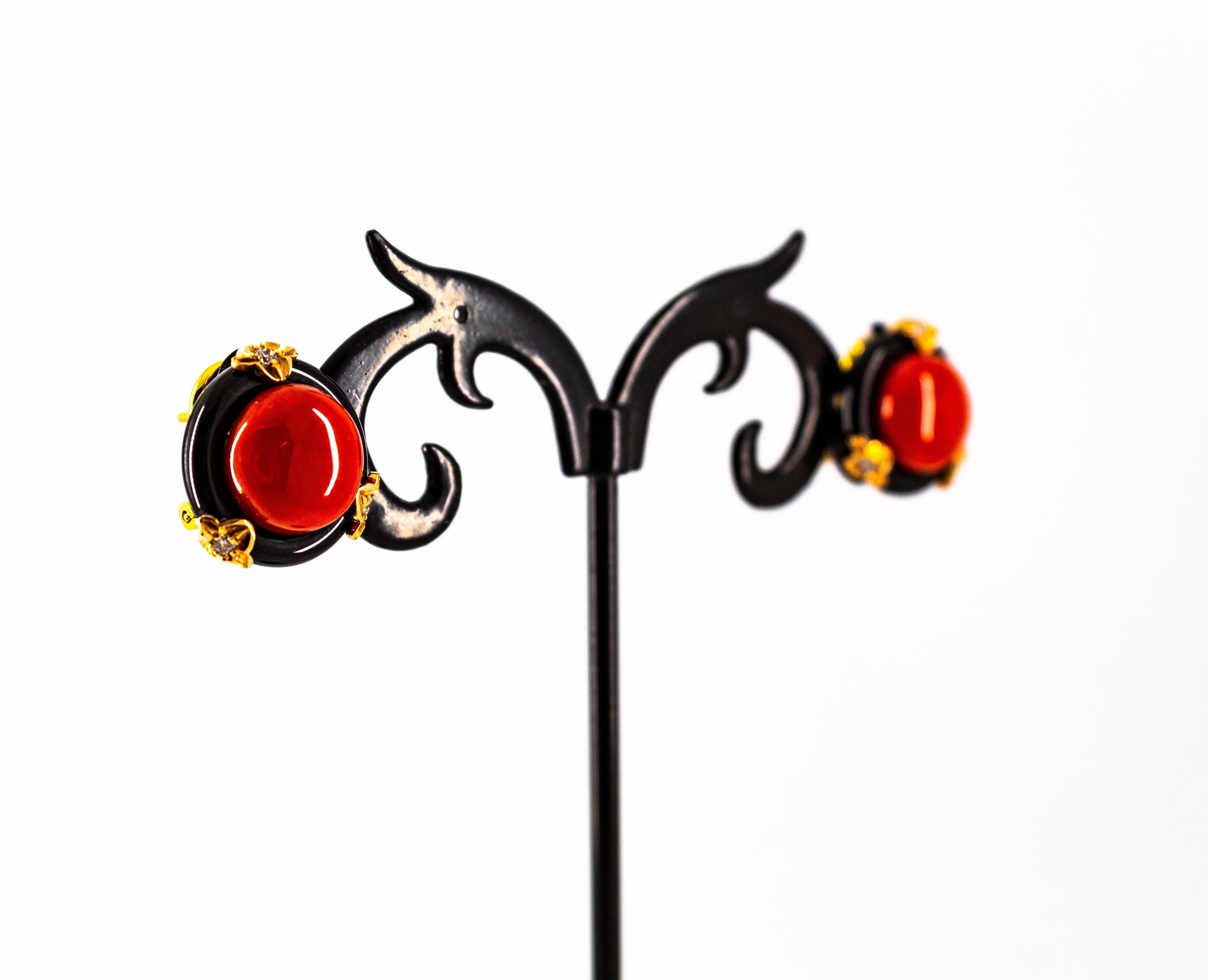 Art Deco Style Red Coral Onyx White Diamond Yellow Gold Dangle Clip-On Earrings For Sale 2