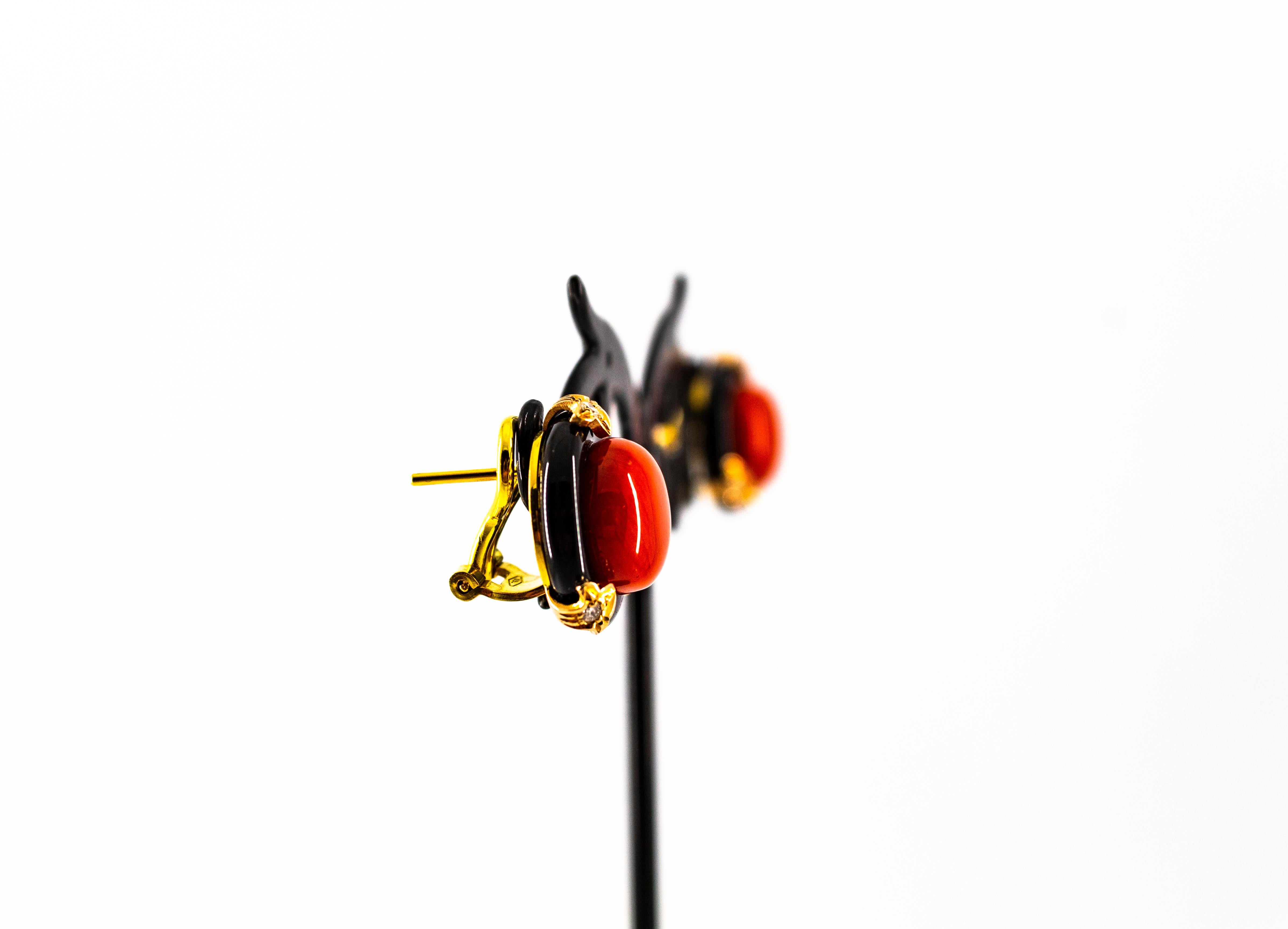 Art Deco Style Red Coral Onyx White Diamond Yellow Gold Dangle Clip-On Earrings For Sale 3
