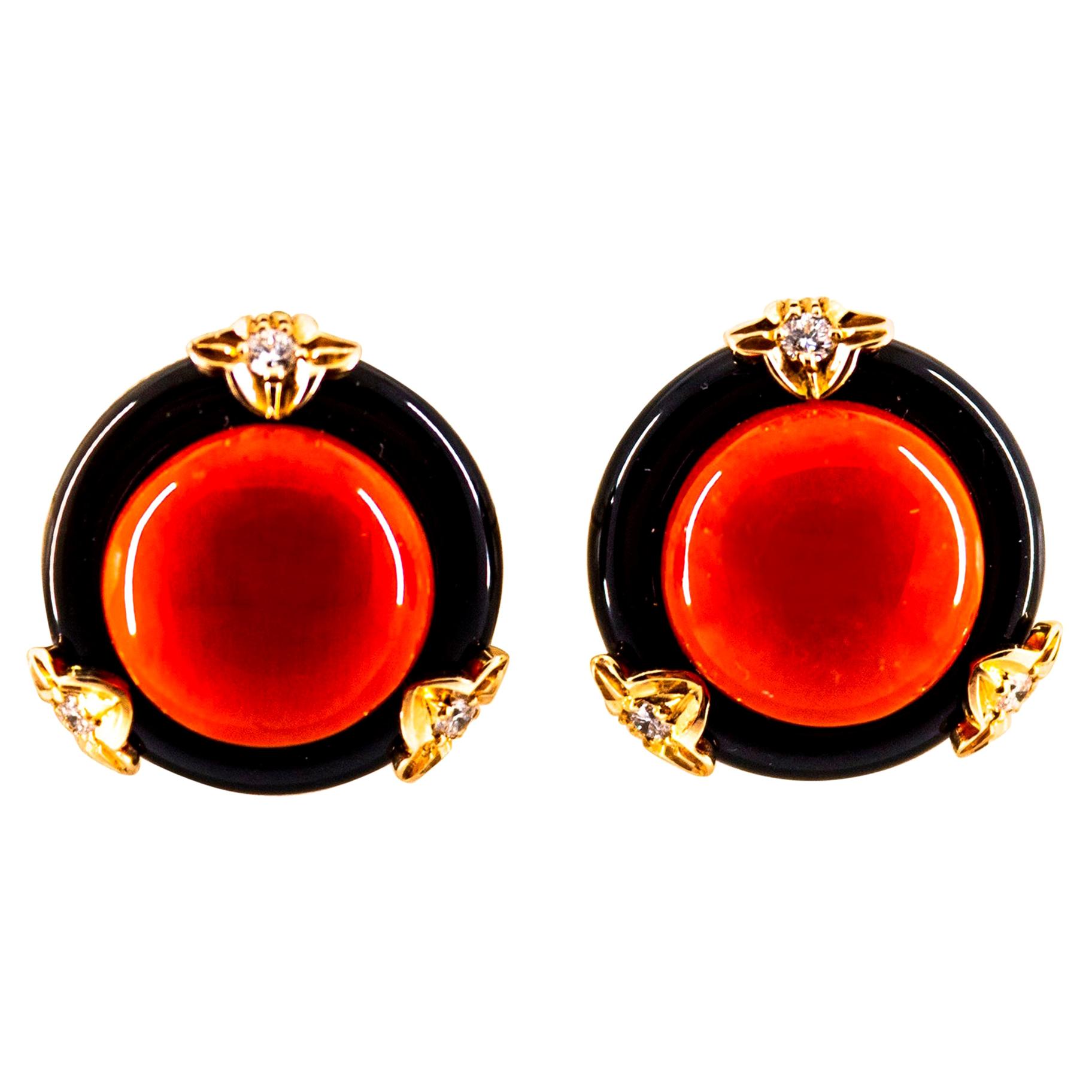 Art Deco Style Red Coral Onyx White Diamond Yellow Gold Dangle Clip-On Earrings For Sale
