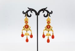 Art Deco Style Red Coral White Diamond Emerald Yellow Gold Drop Earrings