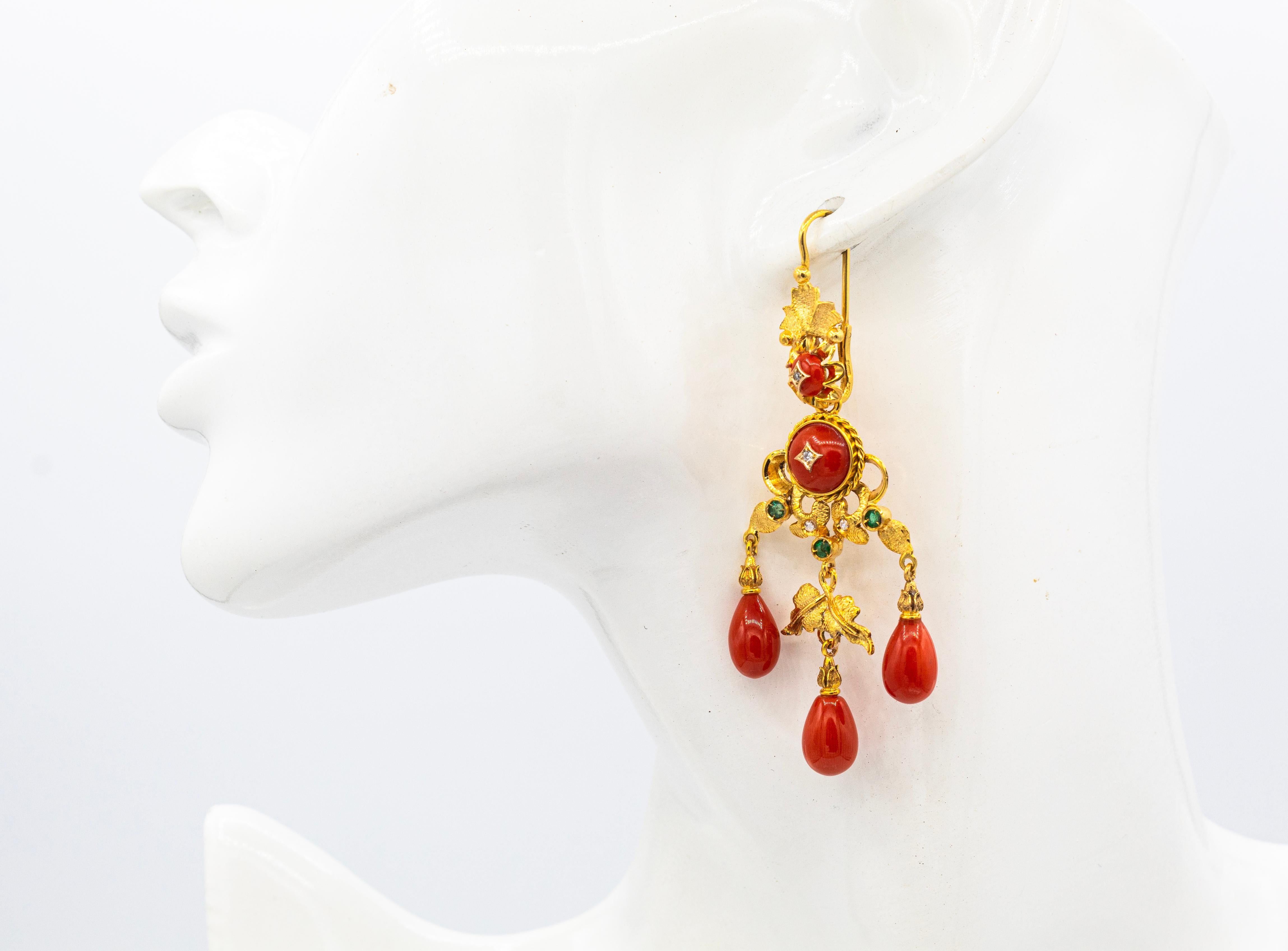 Art Deco Style Red Coral White Diamond Emerald Yellow Gold Drop Earrings For Sale 1
