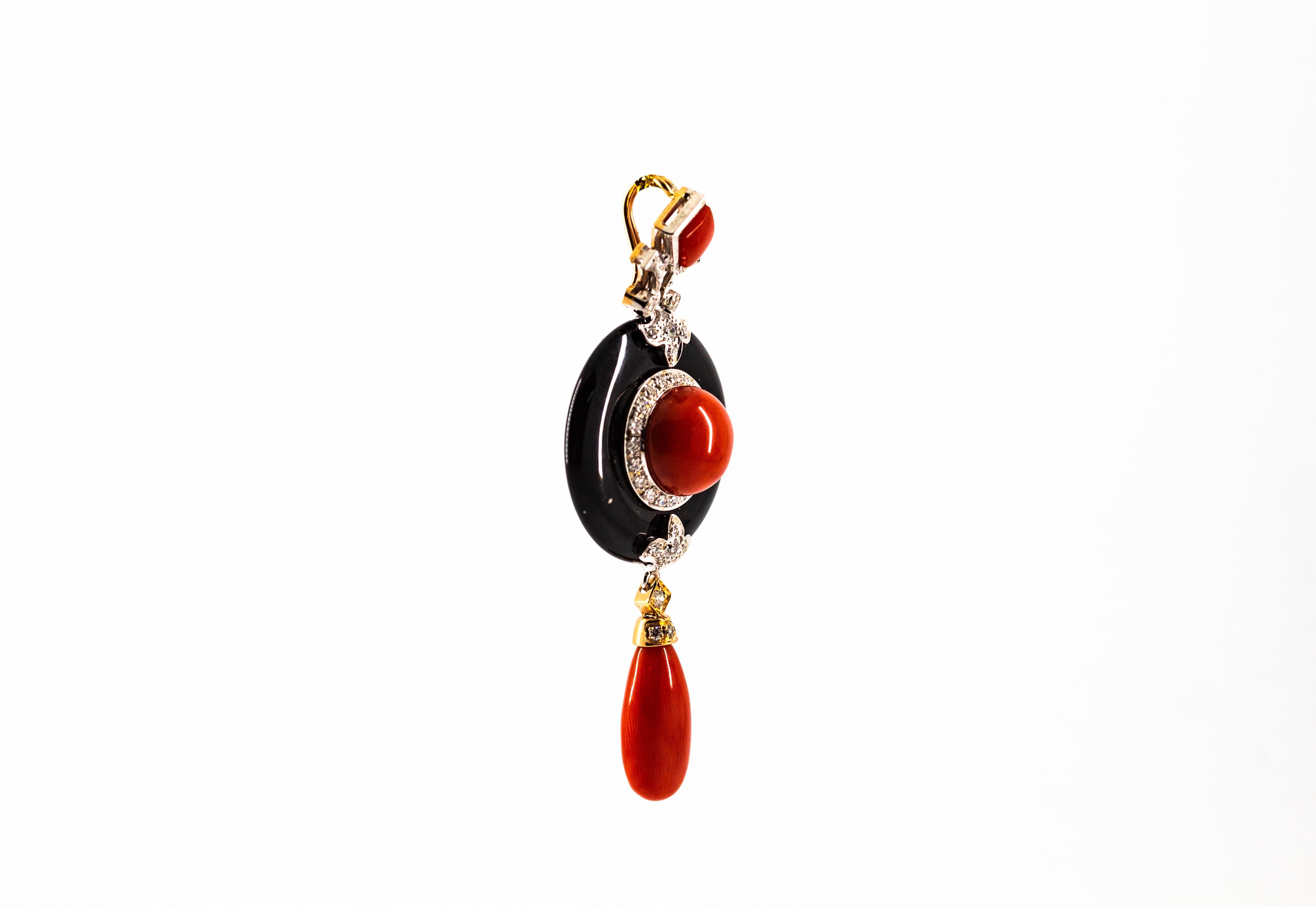 Art Deco Style Red Coral White Diamond Onyx White Gold Pendant Necklace For Sale 3