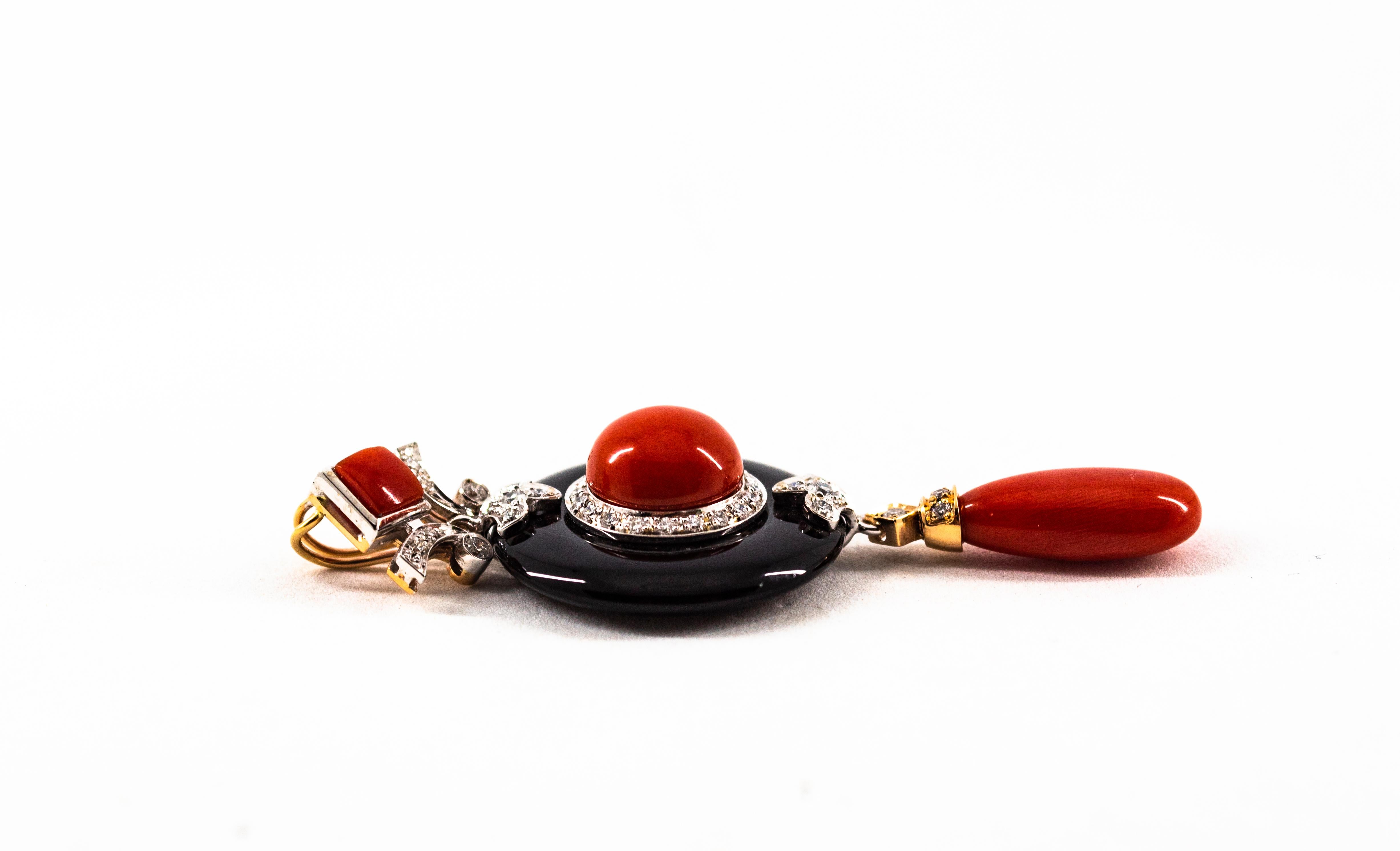 Art Deco Style Red Coral White Diamond Onyx White Gold Pendant Necklace For Sale 4