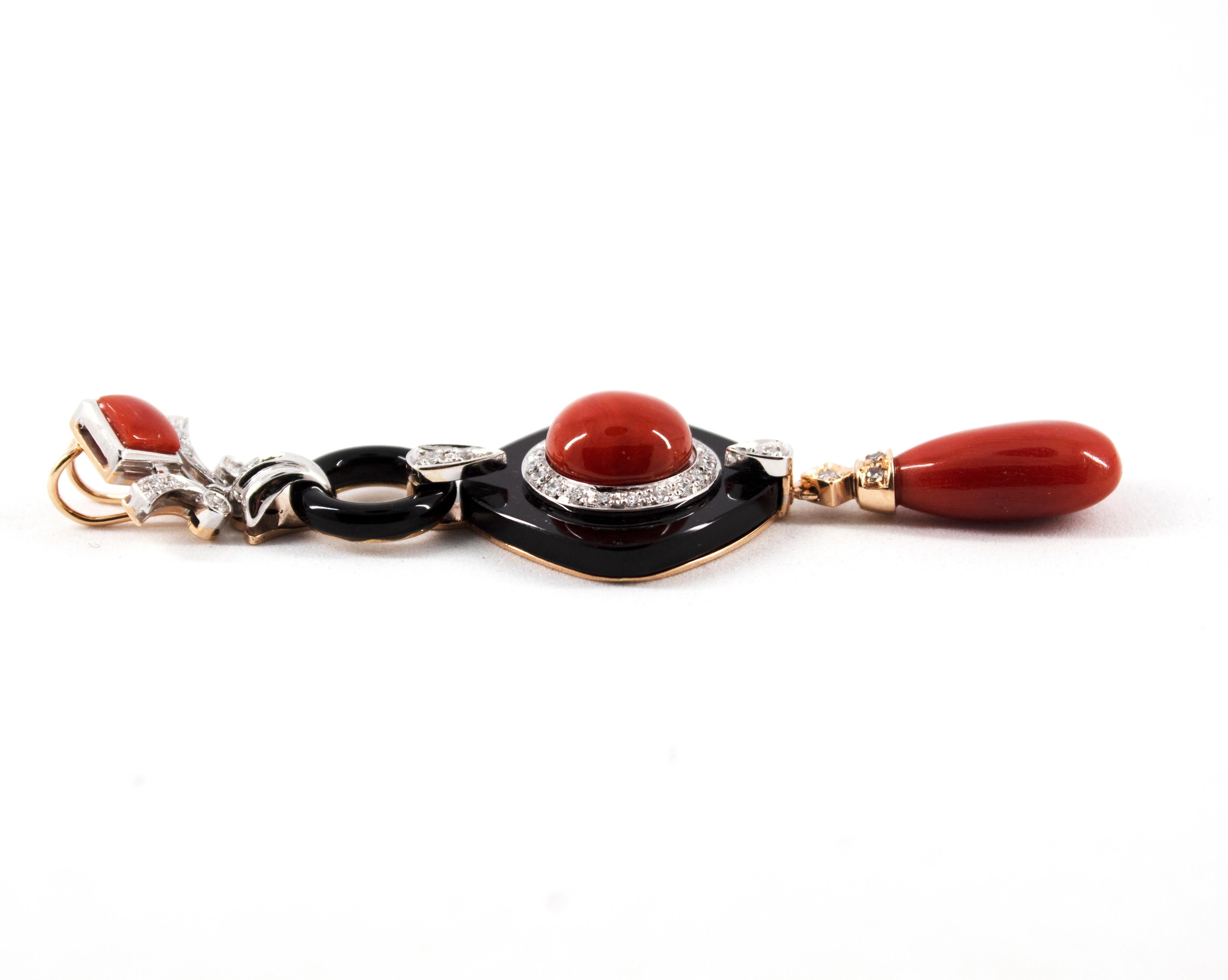 Art Deco Style Red Coral White Diamond Onyx White Gold Pendant Necklace 6